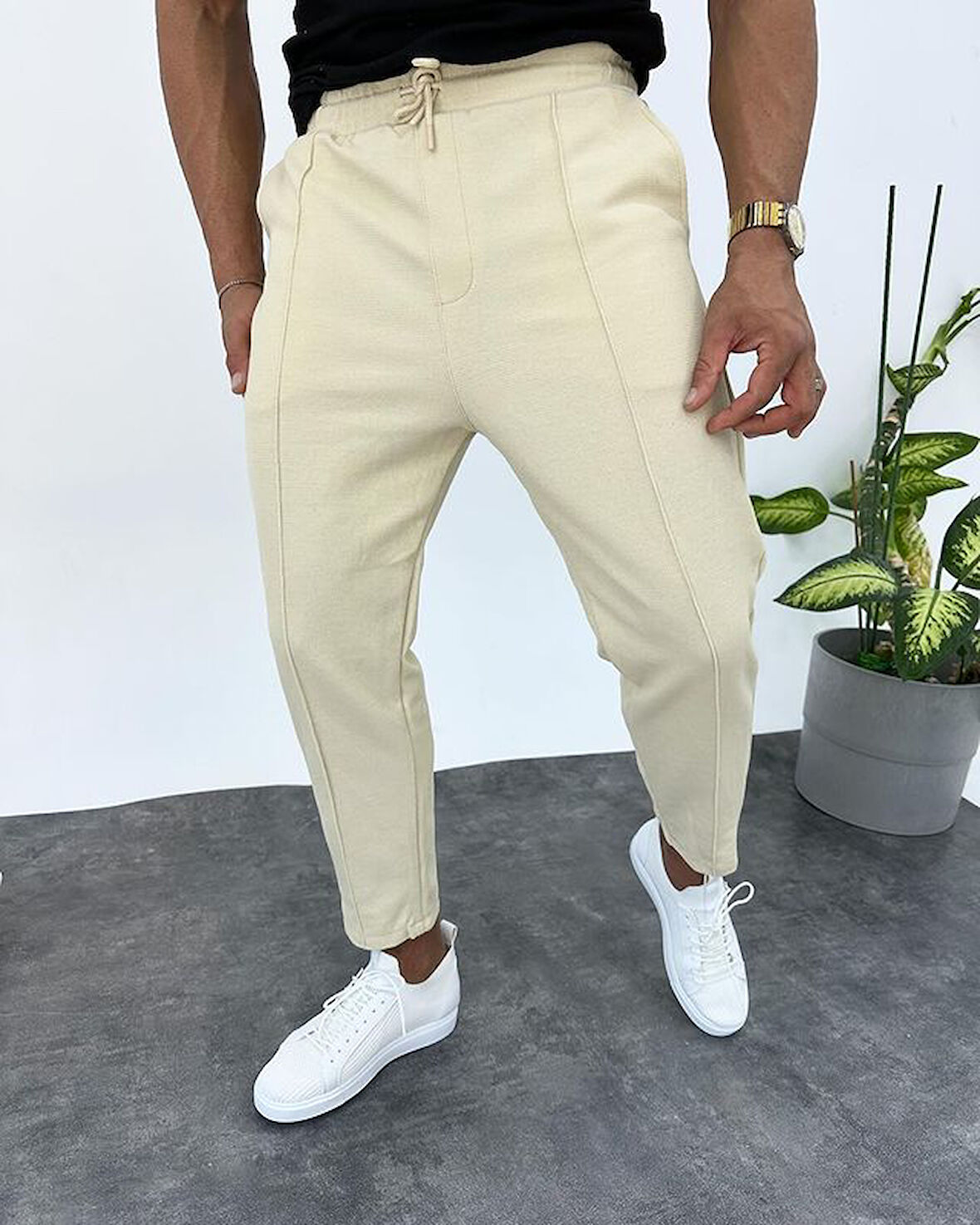 Beli Lastikli Önü Çimalı Boyfrıend Erkek Pantolon