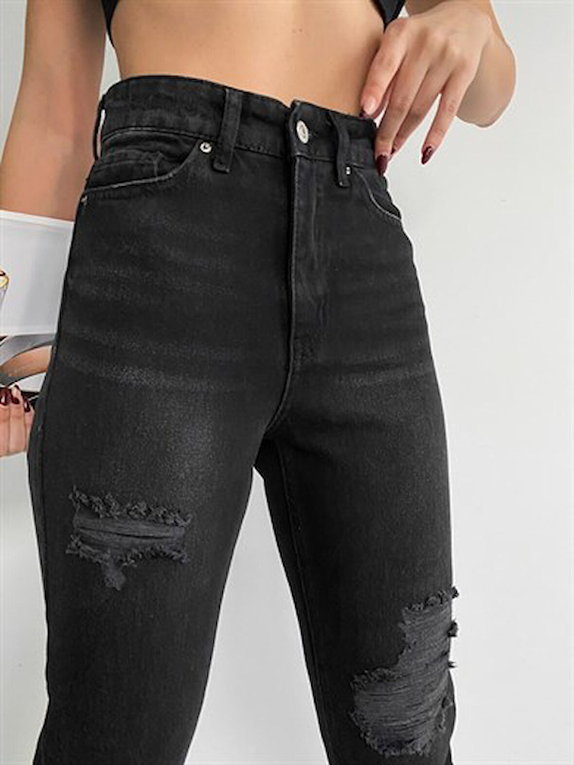 Yüksek Bel Peçli Mom Jean Kadın Pantolon