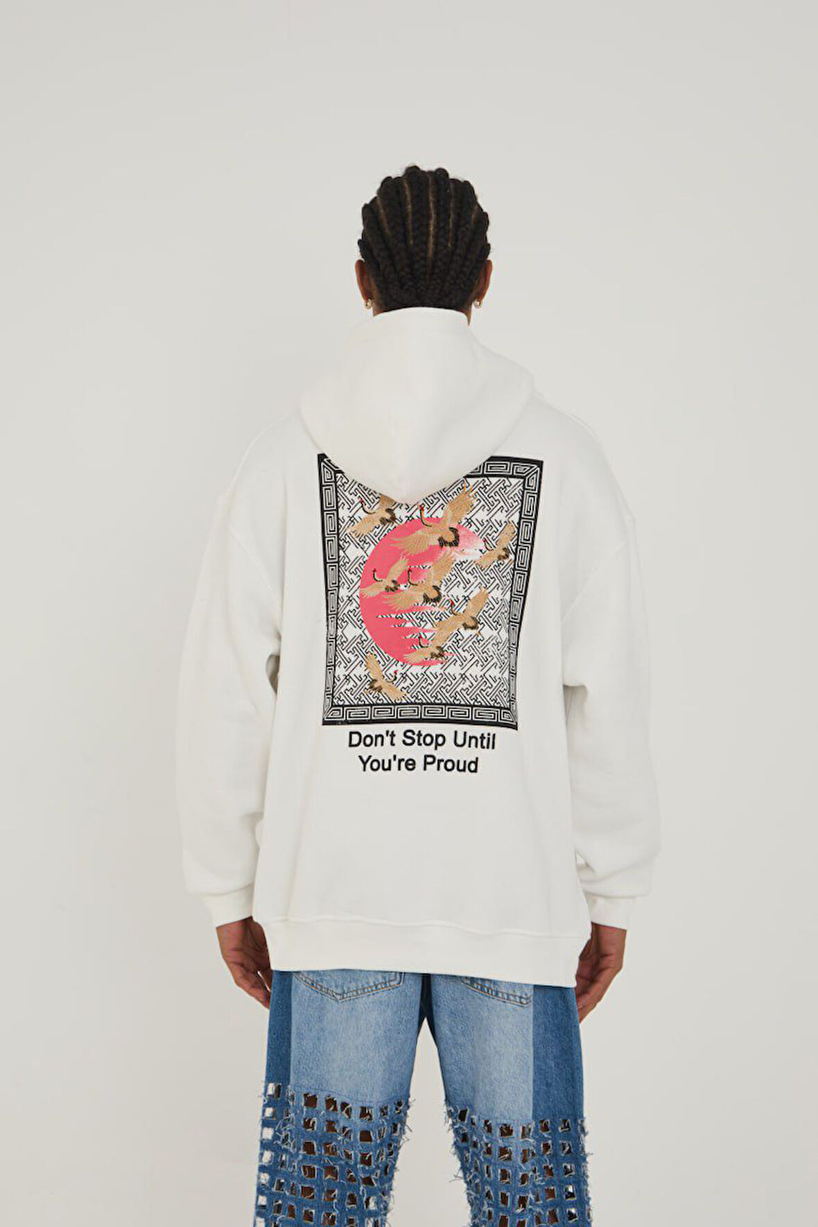 Kapüşonlu Kuş Baskı Oversize Erkek Sweatshirt