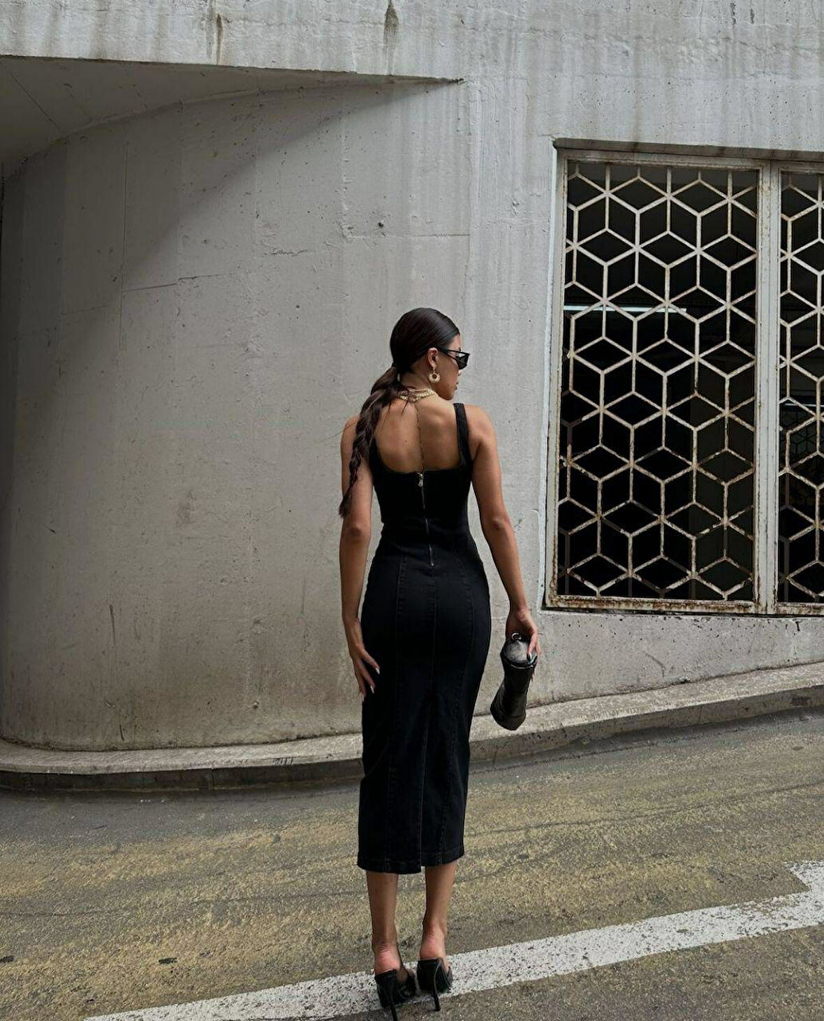 Askılı Arkası Yırtmaç Kadın Jean Elbise