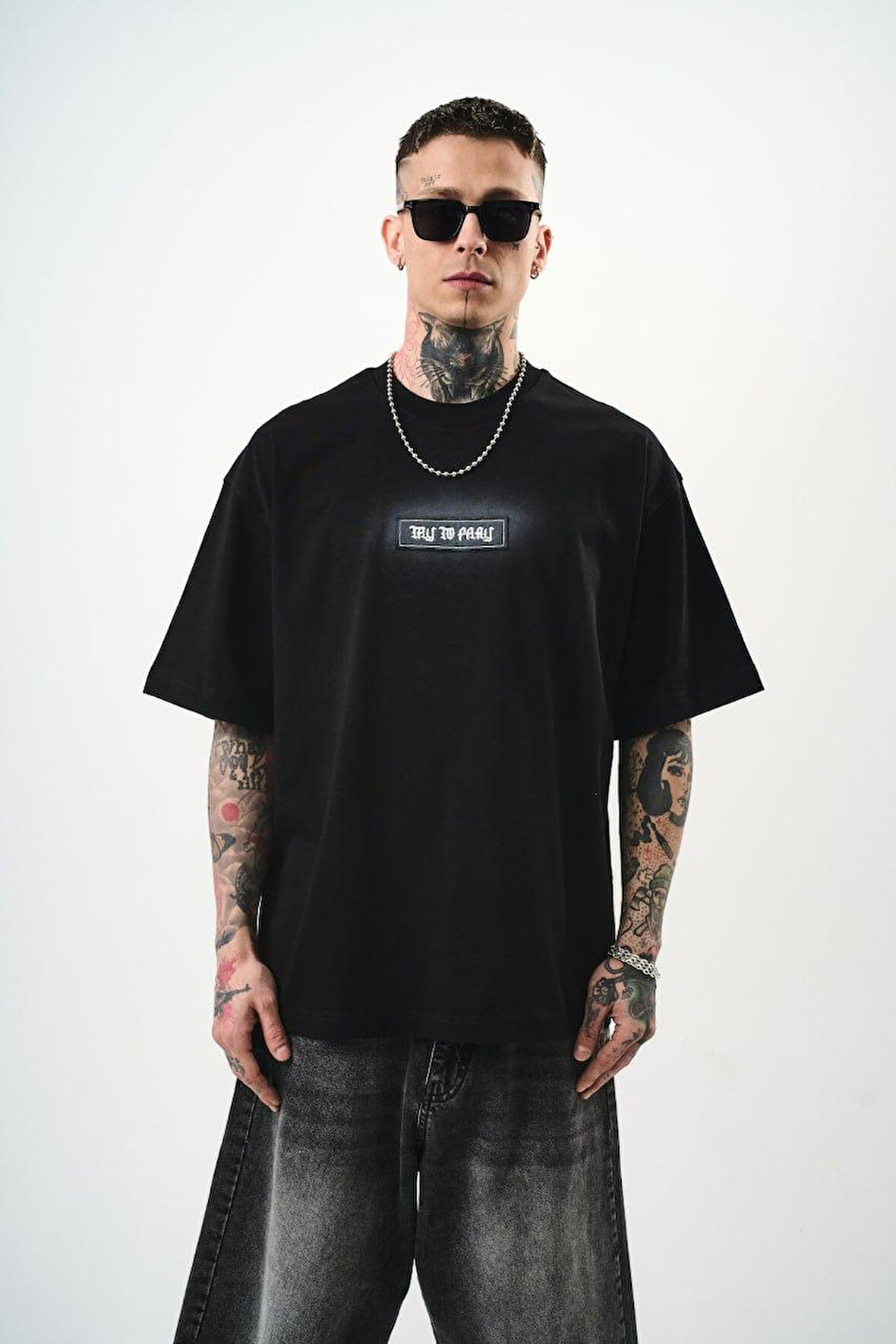 0 Yaka Baskılı Erkek Oversize T-Shirt