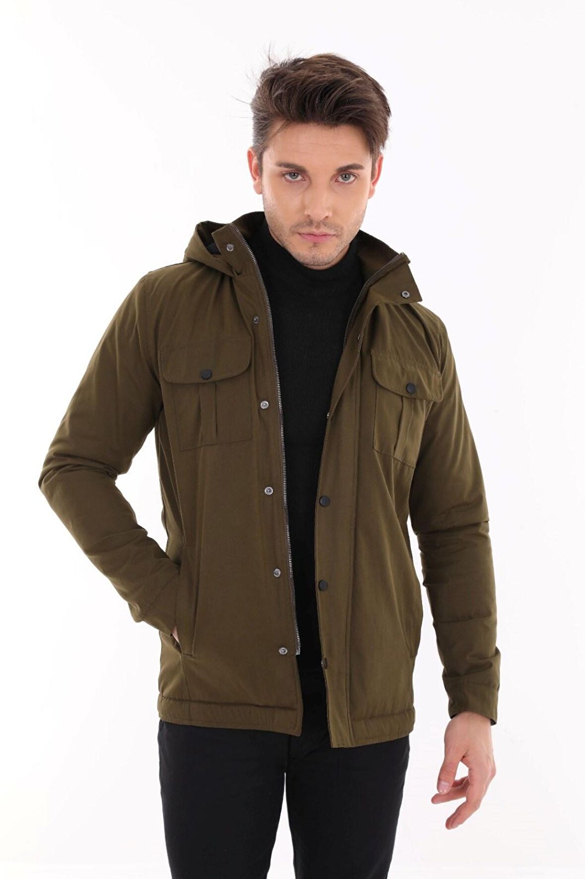 Tomıross Erkek Jake Slim Fit Kapüşonlu İçi Kürklü Kısa Mont Soğuk Geçirmez Bntdnr-8109