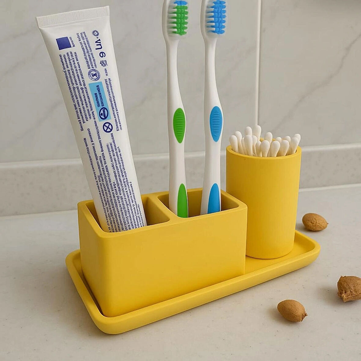 3 Parça Beton Banyo Seti – Diş Fırçalık, Kulak Çubuğu Kutusu ve 15x10 cm Tepsi | Minimalist Tasarım