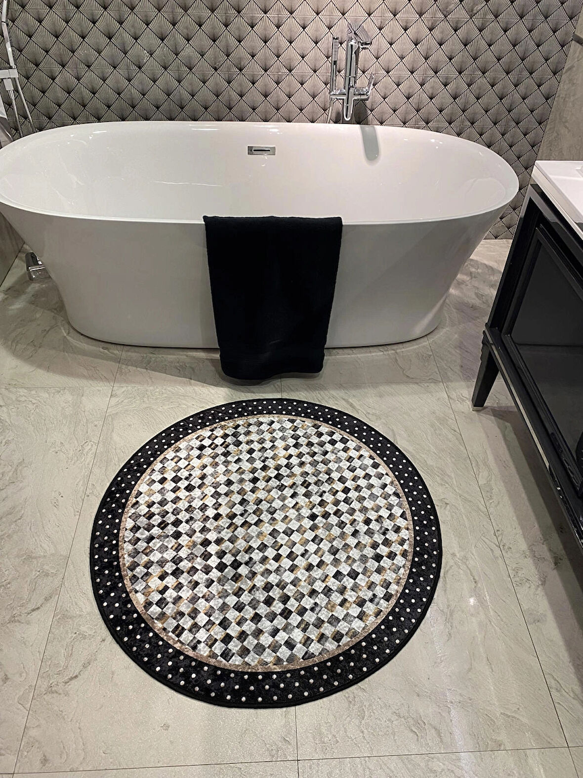 Robert Dama Desen Saçaksız Yuvarlak Banyo Paspası - Siyah Ebat 100x100