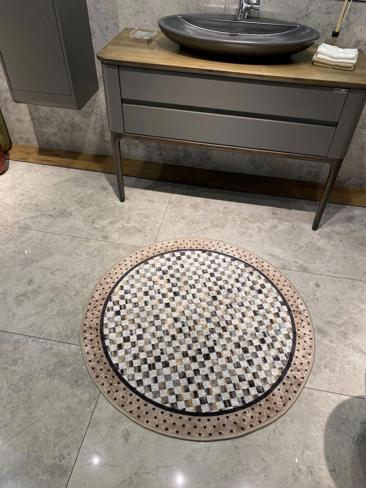 Robert Dama Desen Saçaksız Yuvarlak Banyo Paspası - Kahverengi Ebat 100x100