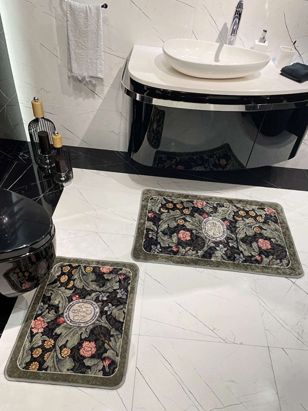 2 li Çiçek Desenli 60x100 - 60x50 Botanic Lateks Taban Banyo Paspas