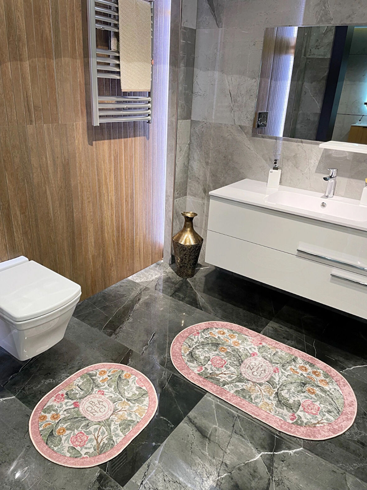 2 li Çiçek Desenli 60x100 - 60x50 Botanic Lateks Taban Banyo Paspas