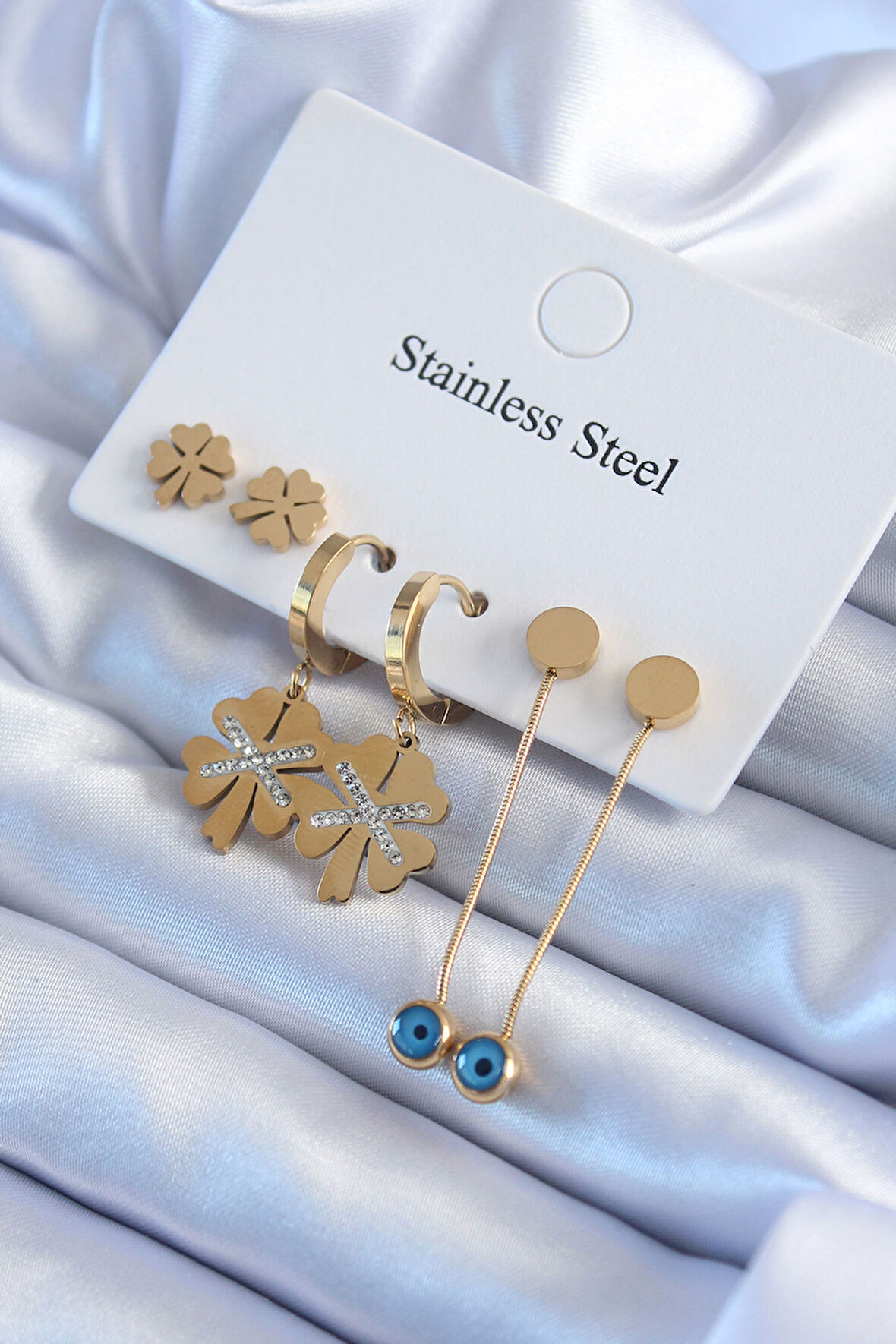 316L Çelik Gold Renk Zirkon Taşlı Yonca Model Kadın Küpe Seti - TJ-BKP8002