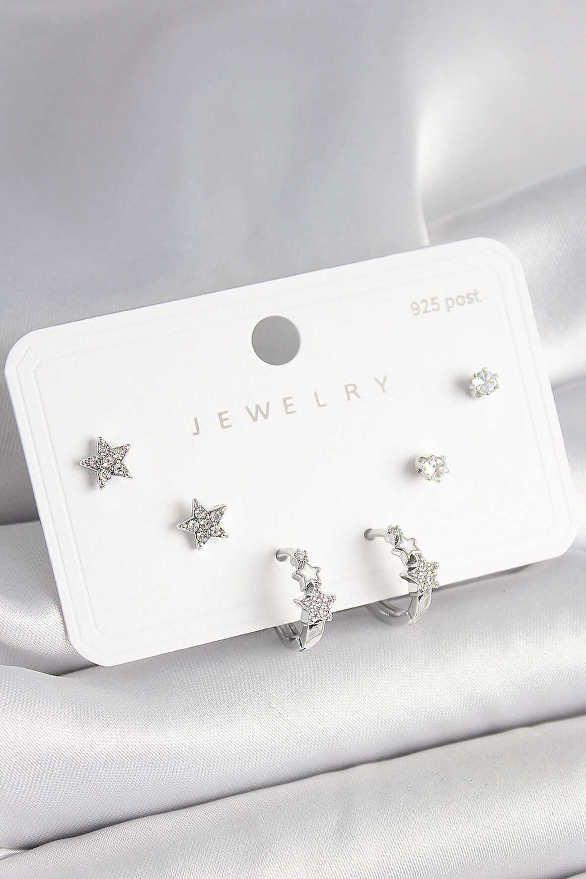 925 Ayar Gümüş Çivi Pirinç Gümüş Renk Zirkon Taşlı Yıldız Model Kadın Küpe Seti - TJ-BKP10396