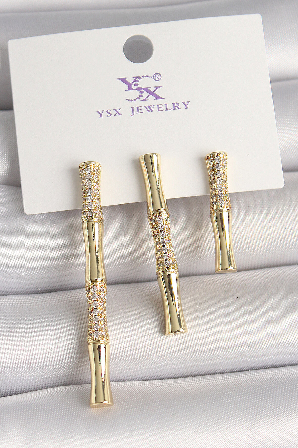 Pirinç Gold Renk Zirkon Taşlı Bambu Model 3'Lü Kadın Kombin Küpe - TJ-BKP10463