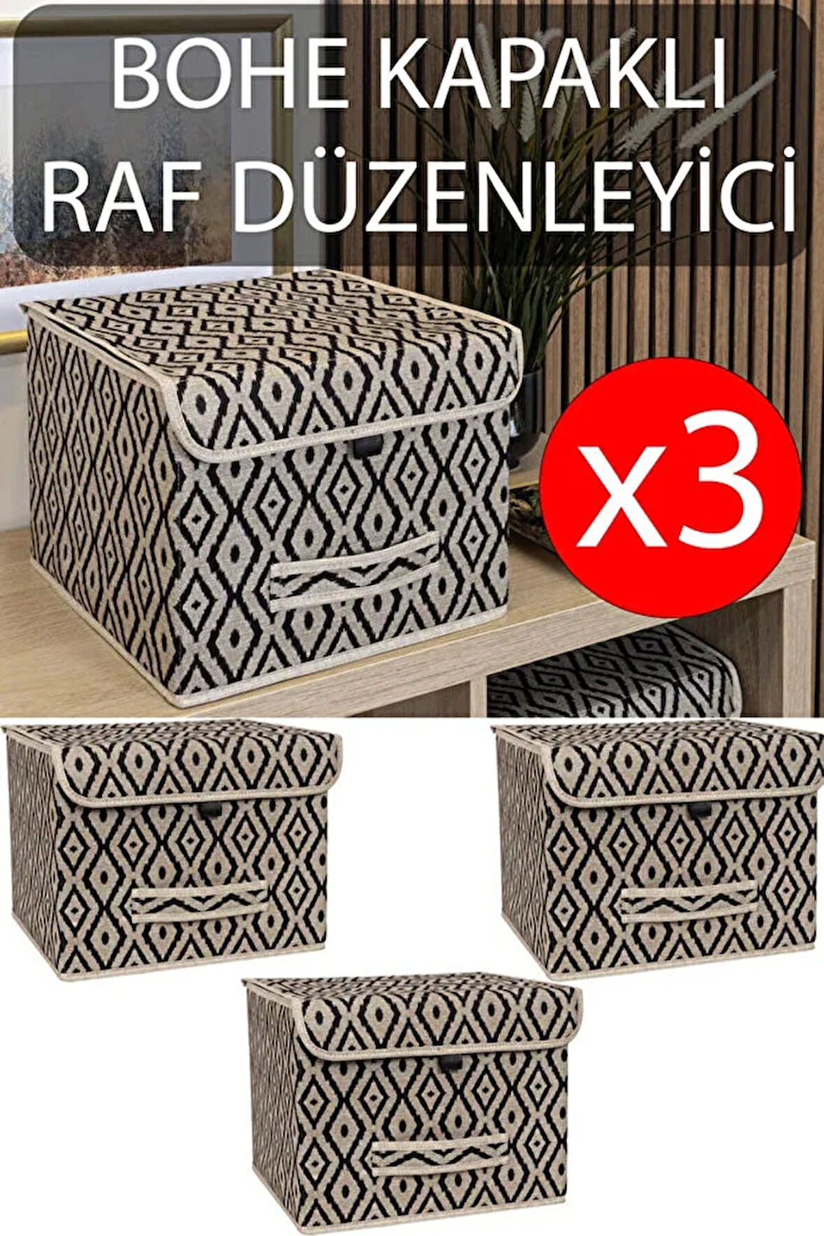 (3 adet)Çok Amaçlı Kapaklı Kutu, Dolap Raf Düzenleyici, Dekoratif Saklama Kutusu 30X30X23 cm