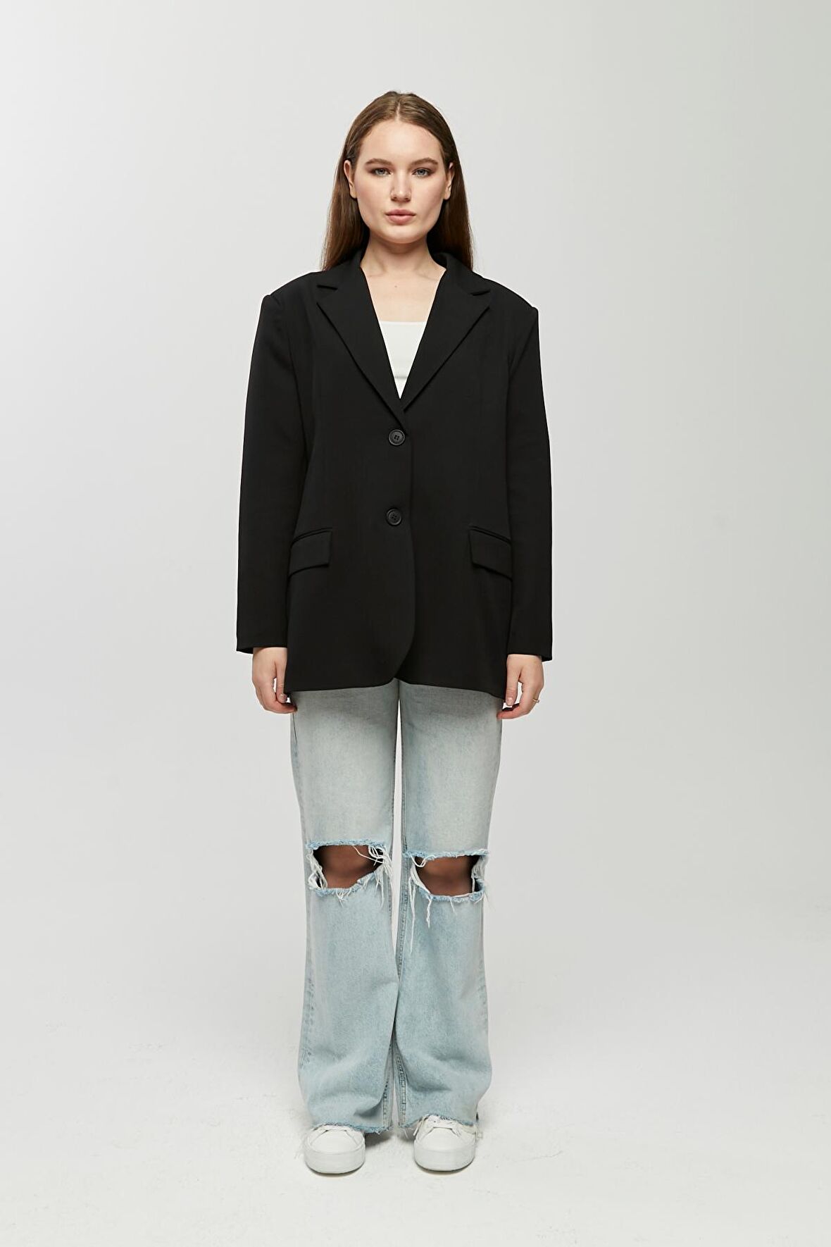 Siyah Oversize Dokuma Blazer Ceket