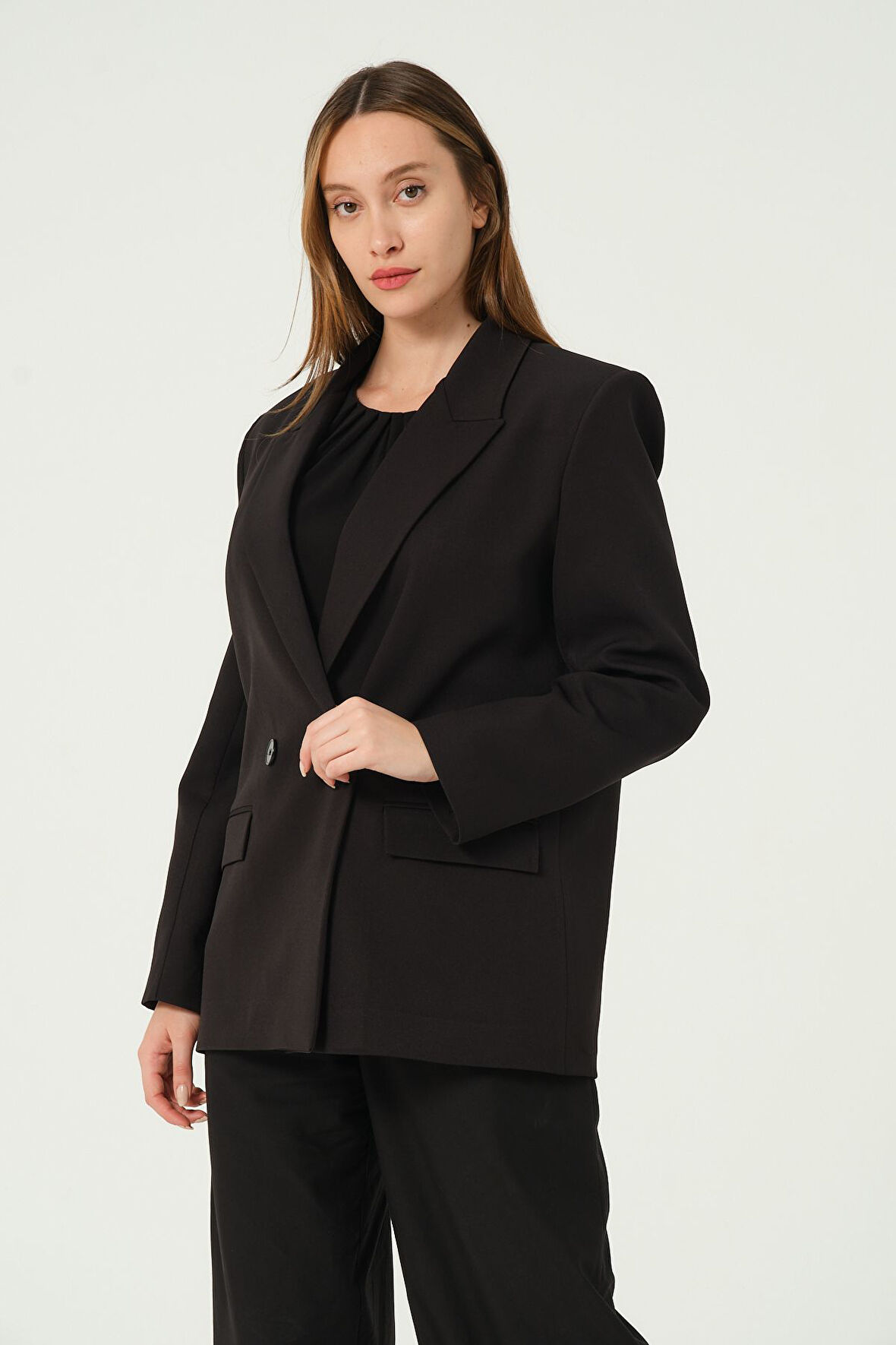 Siyah Regular Astarlı Dokuma Oversize Blazer Ceket