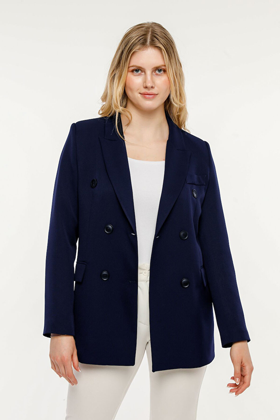 Lacivert Regular Kruvaze Kapama Oversize Düğmeli Ceket