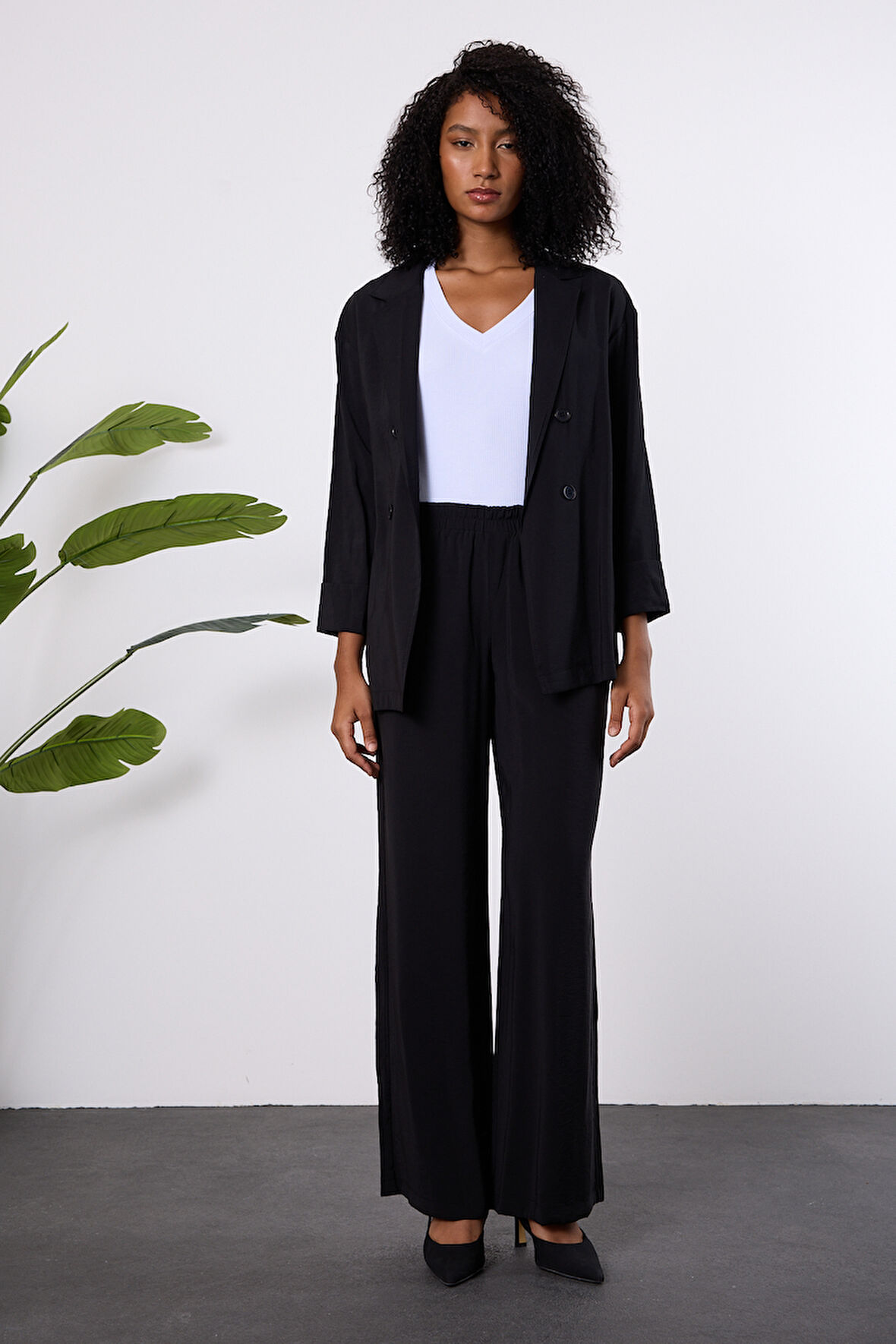 Siyah Regular Beli Lastikli Salaş Pantolon