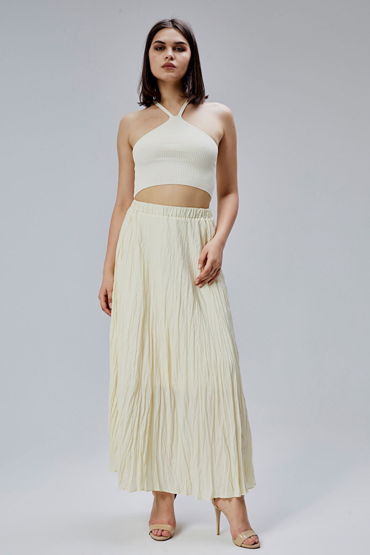 Sarı Krinkıl Beli Lastikli Vual Etek 