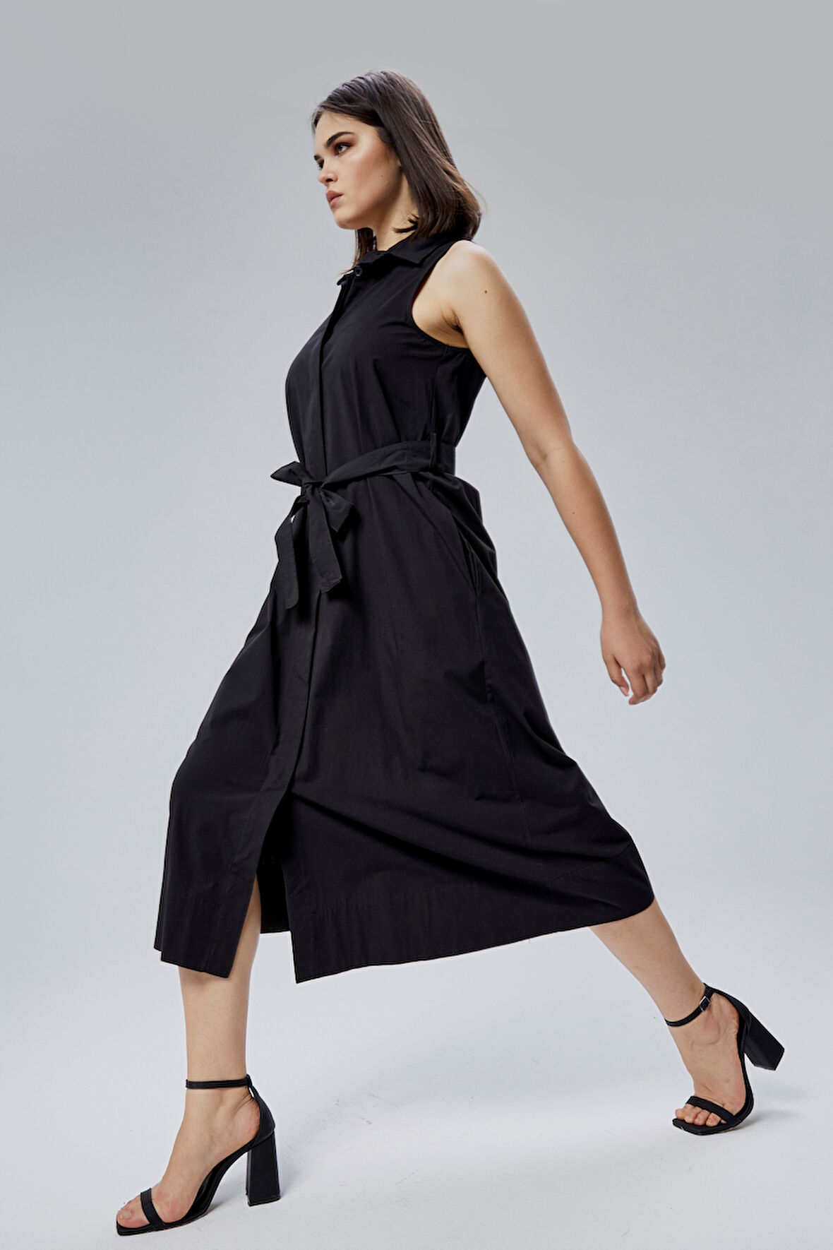 Siyah Regular Fit Kuşak Kemerli Elbise