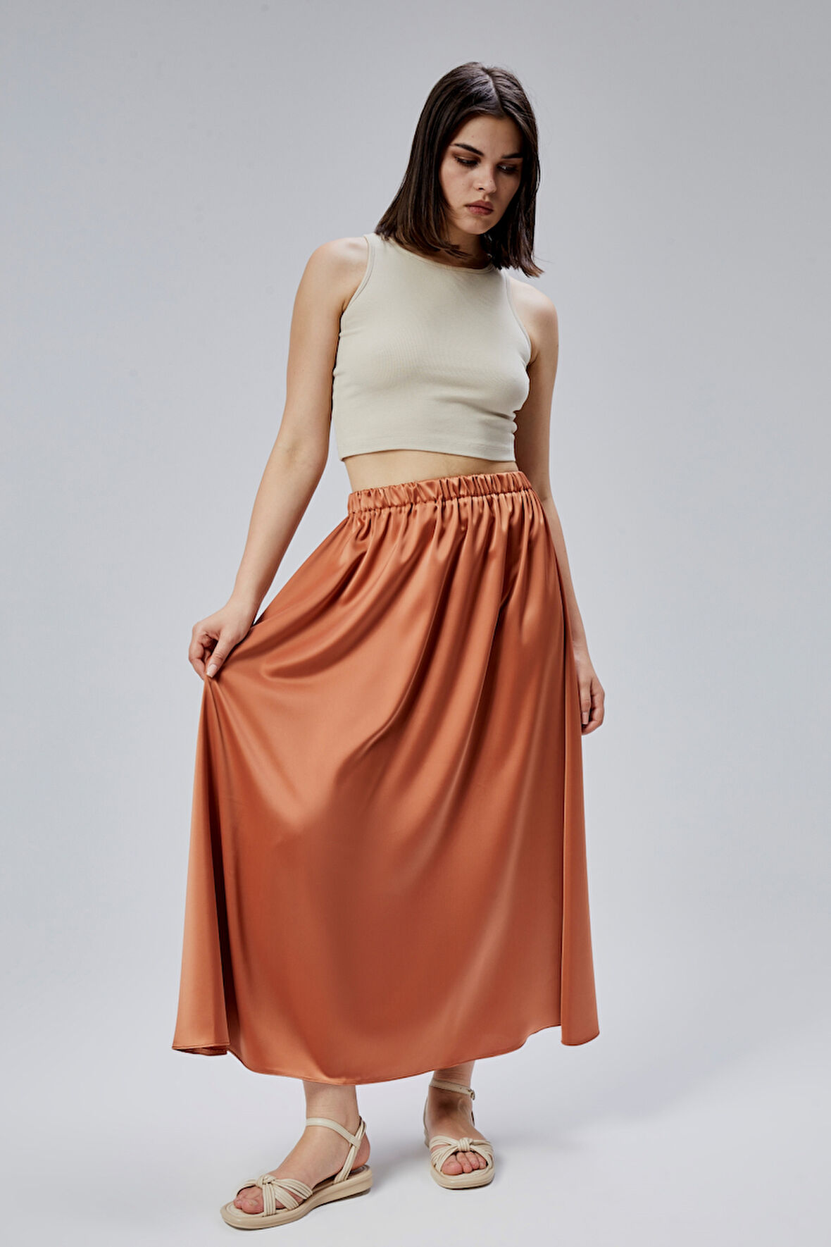 Kiremit Regular Büzgülü Beli Lastikli Saten Etek