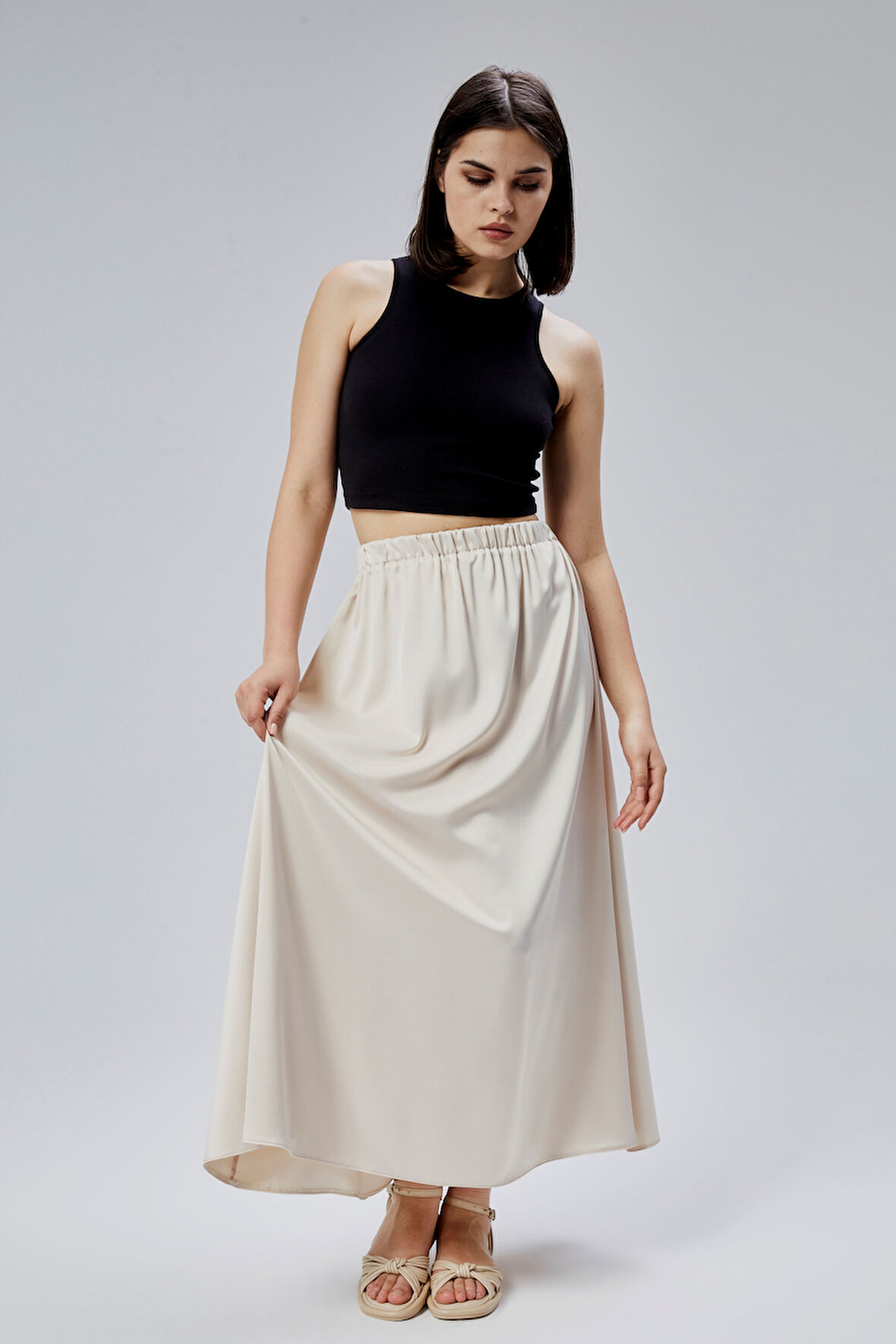 Taş Regular Büzgülü Beli Lastikli Saten Etek