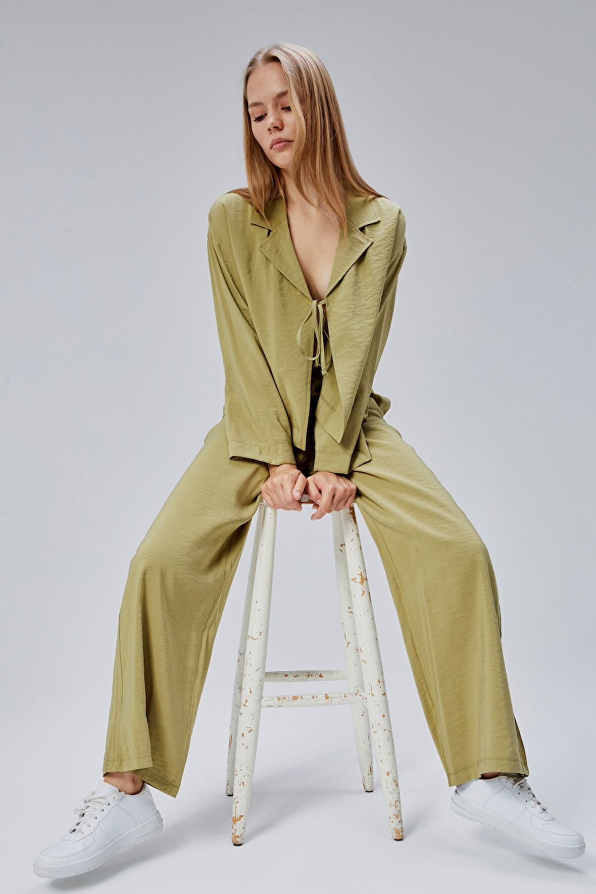 Açık Haki Beli Lastikli Bol Paça Pantolon