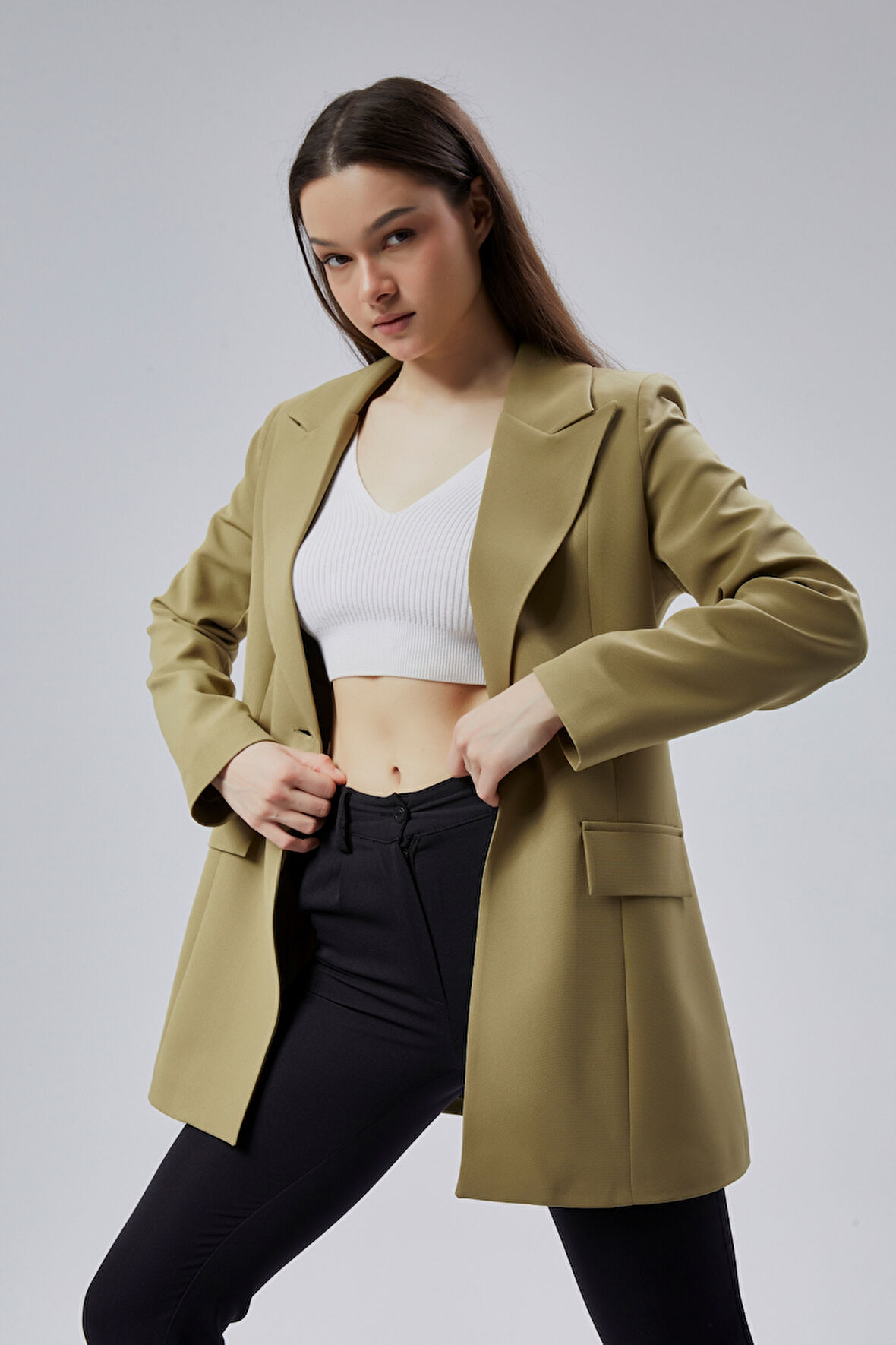 Açık Haki Kruvaze Uzun Blazer Ceket