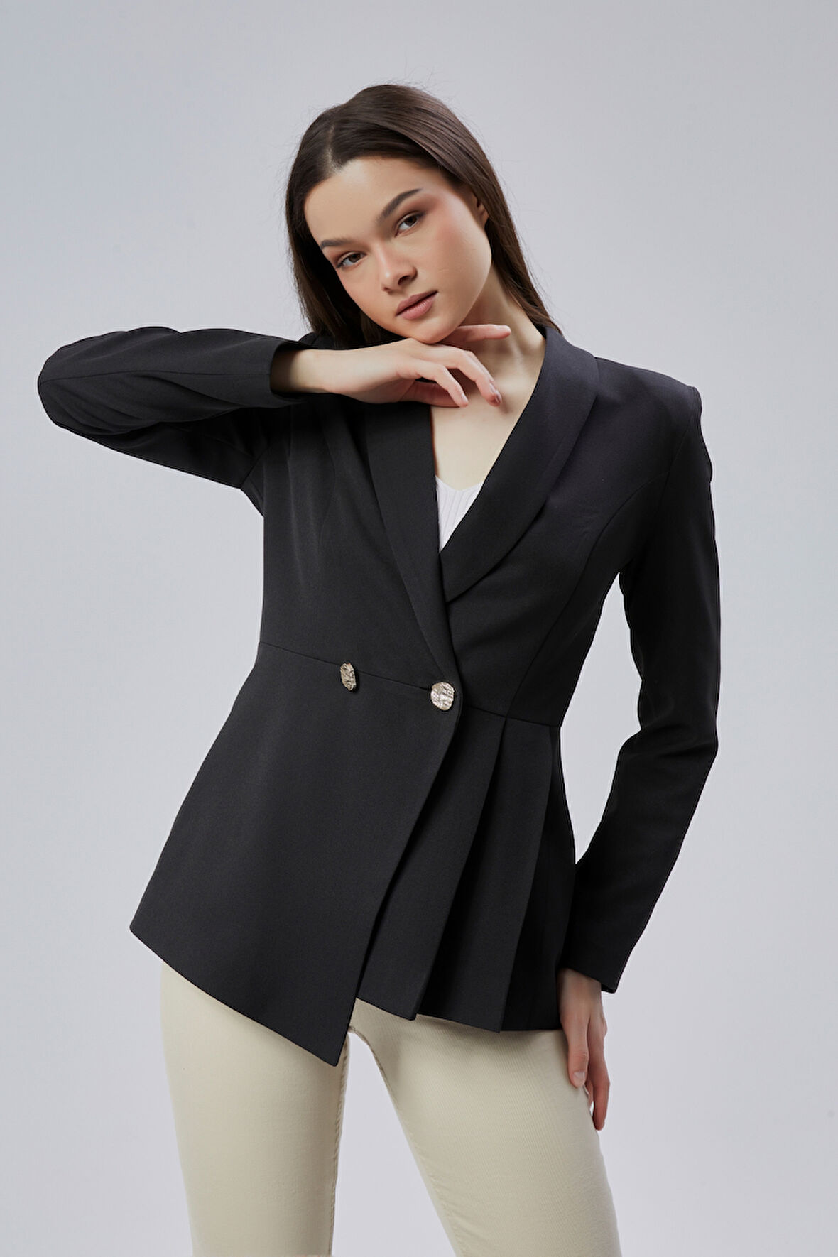 Siyah Regular Fit Pile Detaylı Blazer Ceket