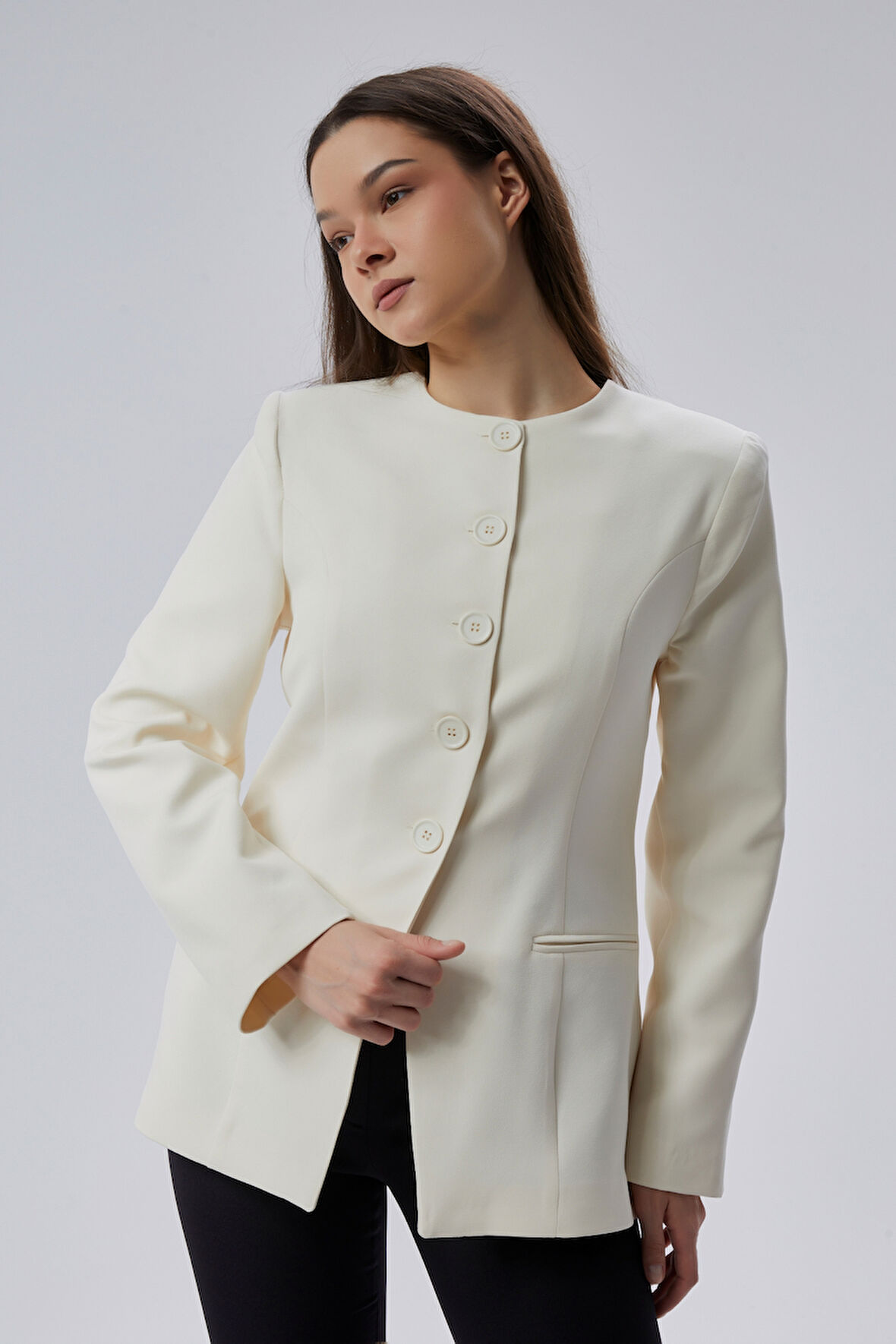 Ekru Bisiklet Yaka Regular Dokuma Ceket