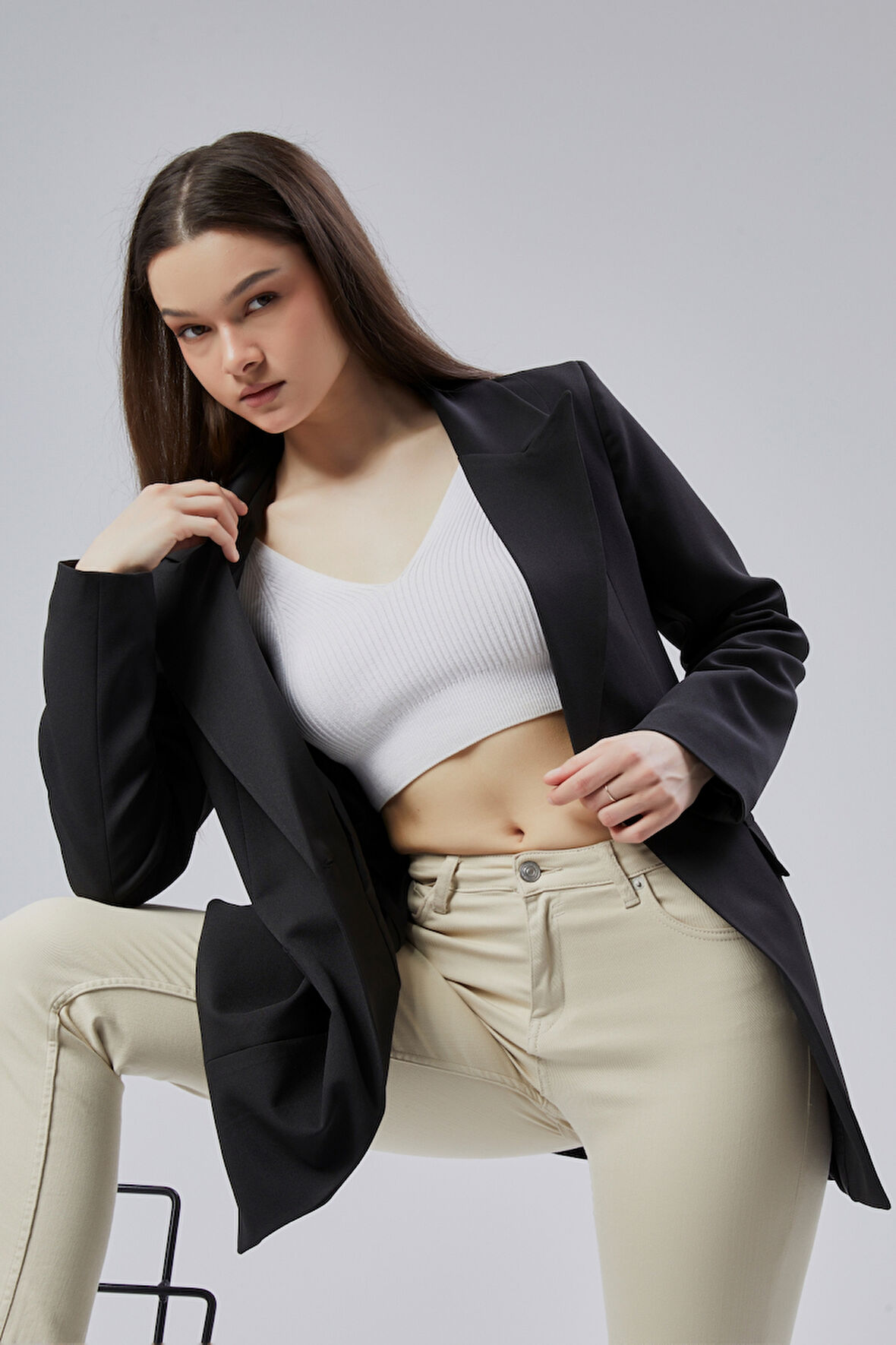 Siyah Kruvaze Uzun Blazer Ceket