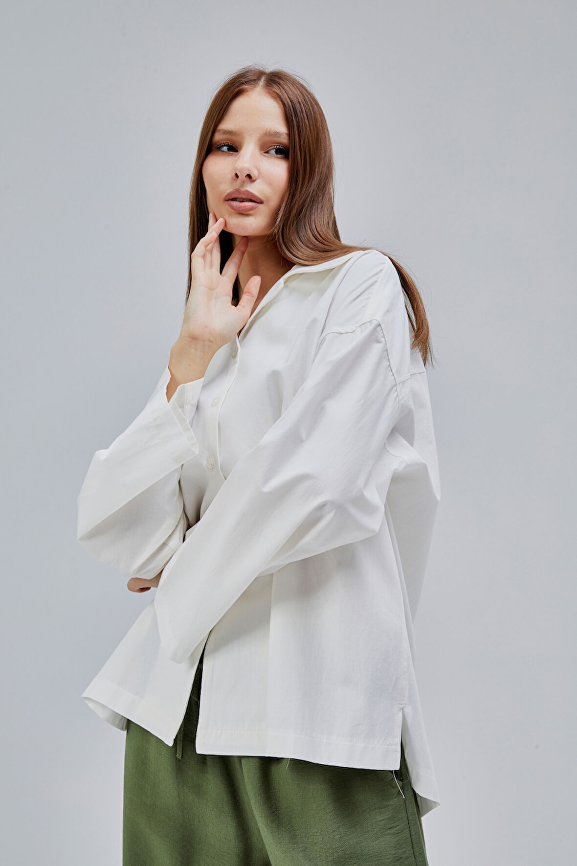 Ekru Oversize Poplin Gömlek