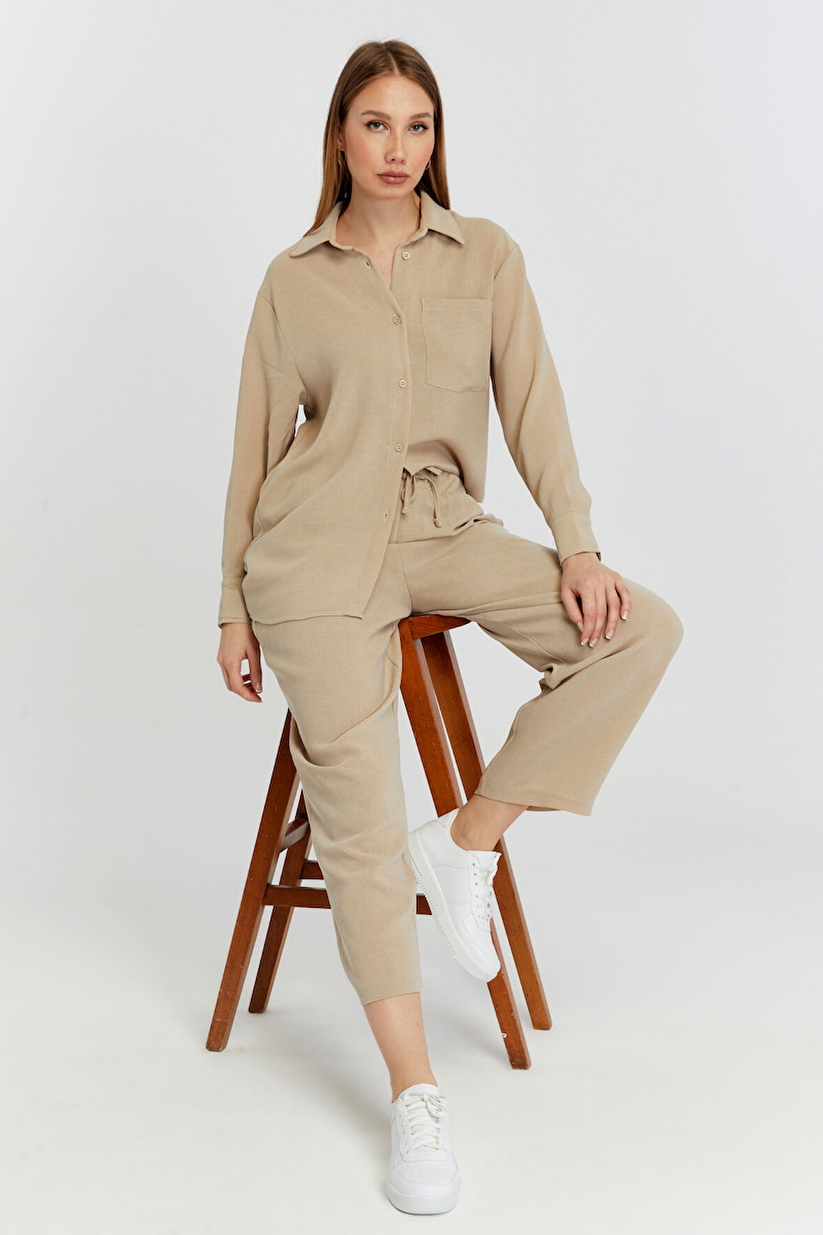 Kadın Bej Casual Salaş Kalıp Gömlek 