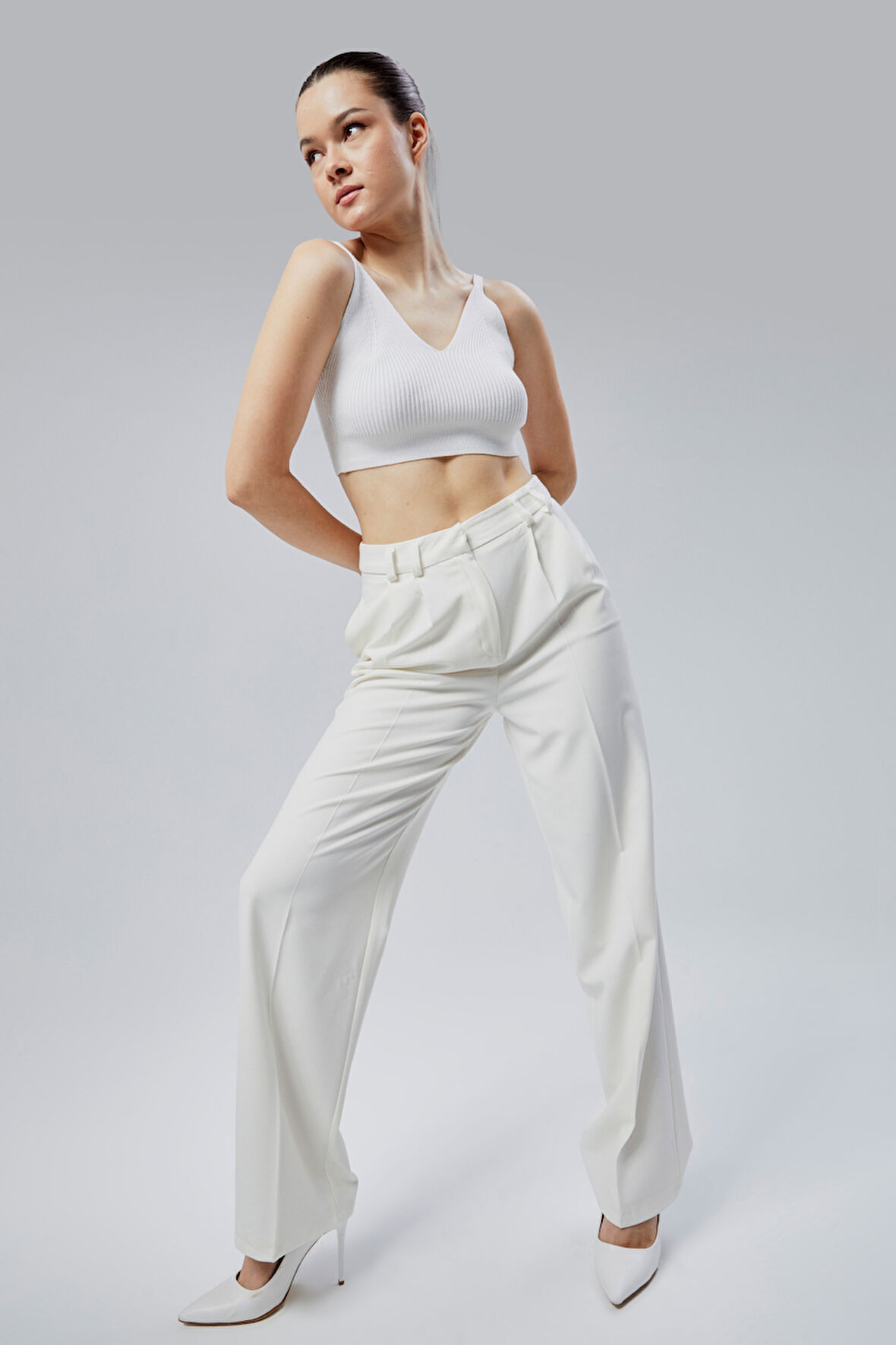 Kadın Ekru Regular Kalıp Dokuma Palazzo Pantolon