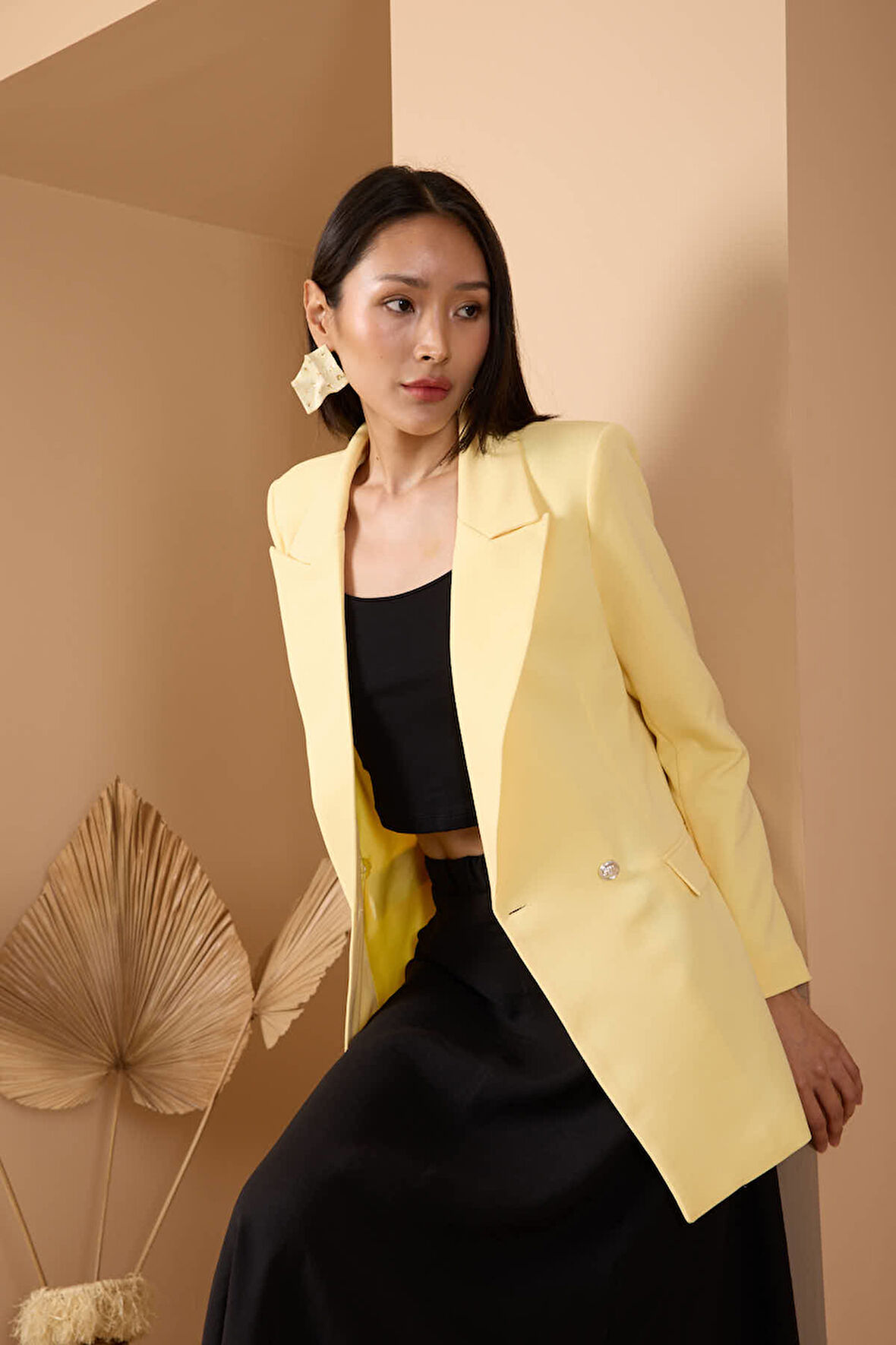 Sarı Oversize Dokuma Blazer Ceket