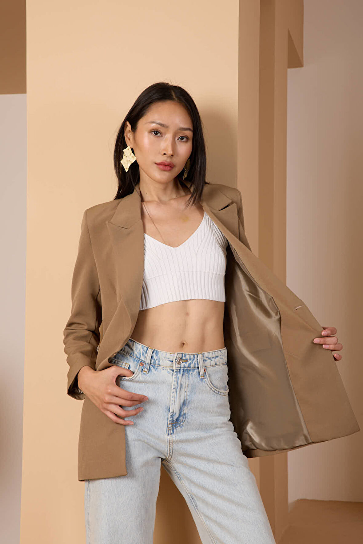 Koyu Vizon Oversize Dokuma Blazer Ceket