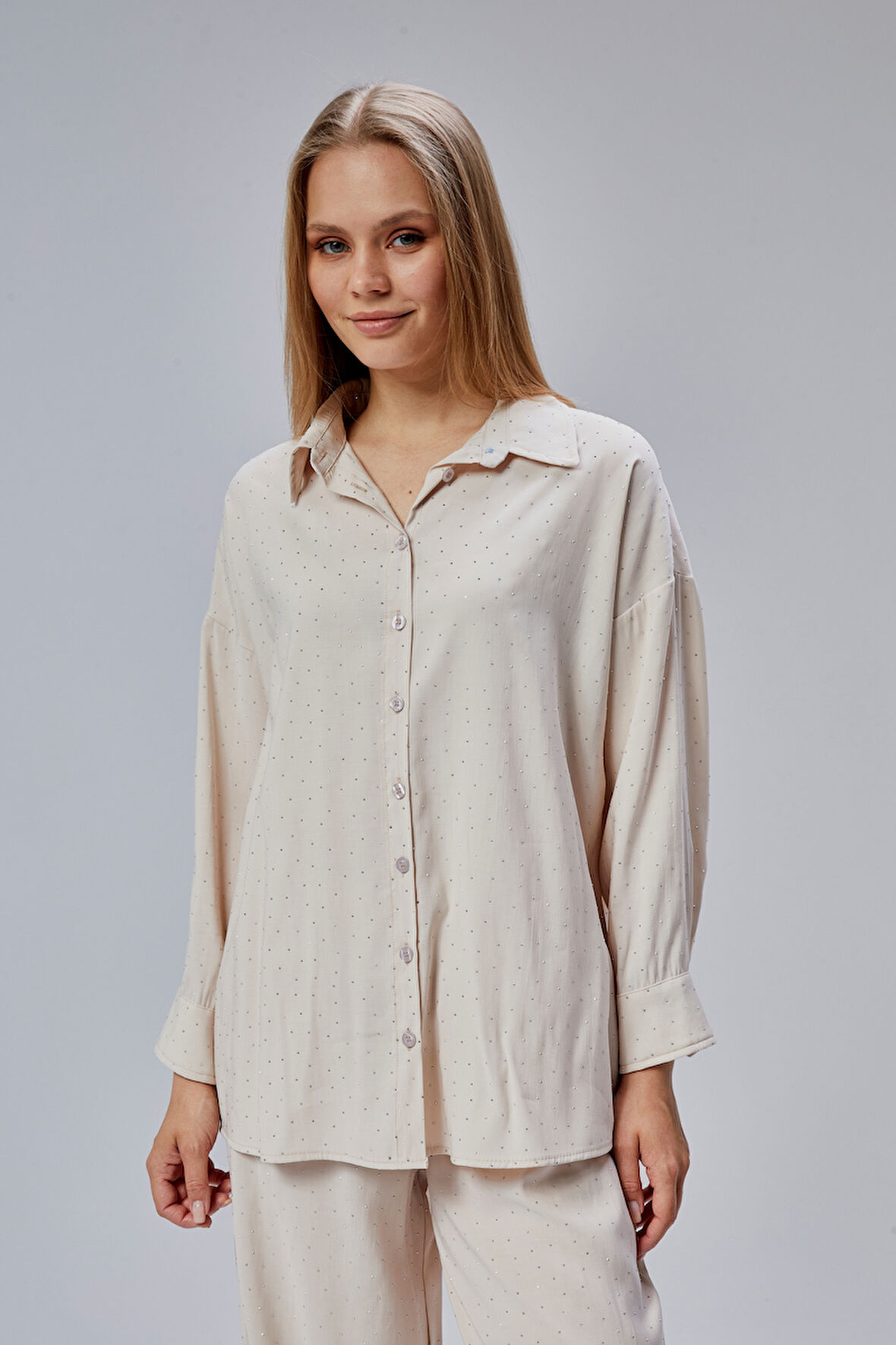 Taş Rengi Taş İşlemeli Salaş Kalıp Gömlek 