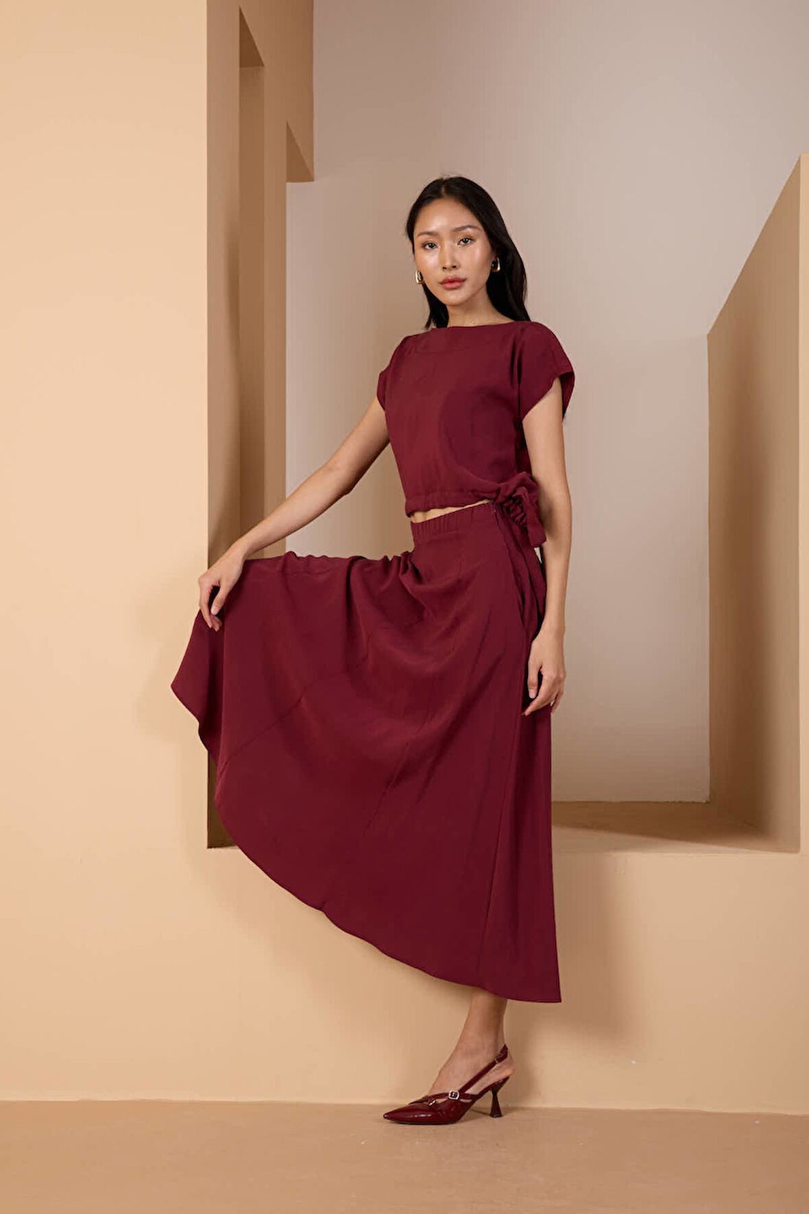 Bordo Salaş Kesim Beli Lastikli Dokuma Etek