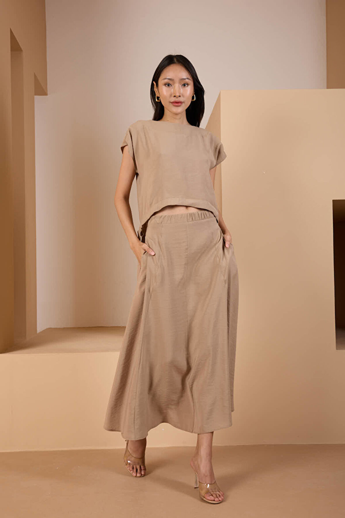 Vizon Salaş Kesim Beli Lastikli Dokuma Etek