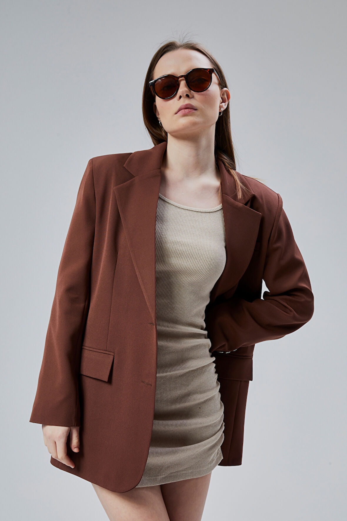 Kadın Oversize Düz Kesim Astarlı Dokuma Blazer Ceket