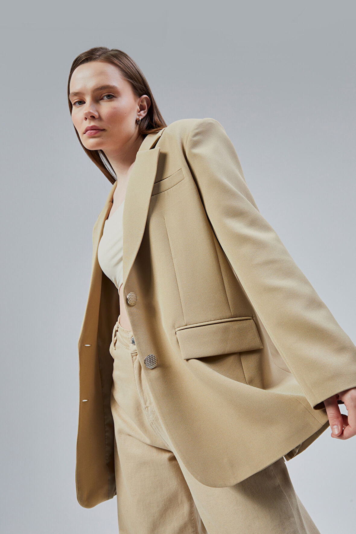 Kadın Oversize Düz Kesim Astarlı Dokuma Blazer Ceket