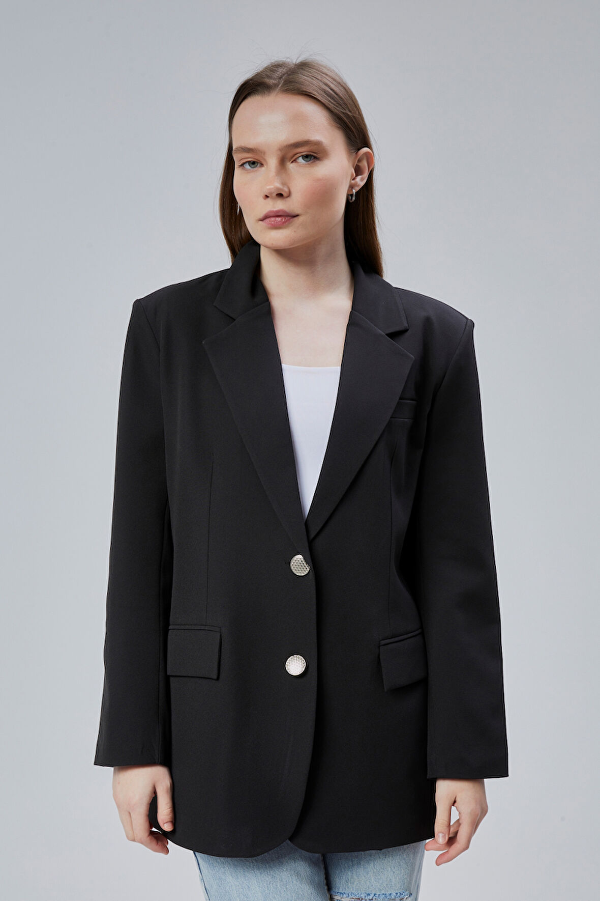 Kadın Oversize Düz Kesim Astarlı Dokuma Blazer Ceket