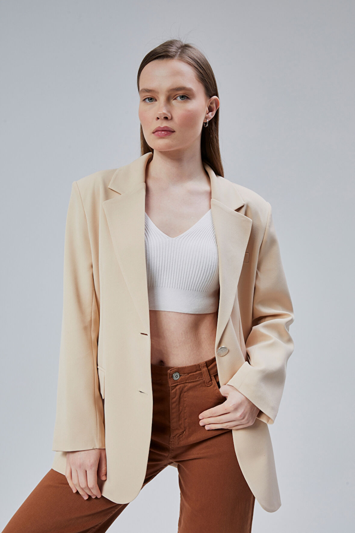 Kadın Oversize Düz Kesim Astarlı Dokuma Blazer Ceket