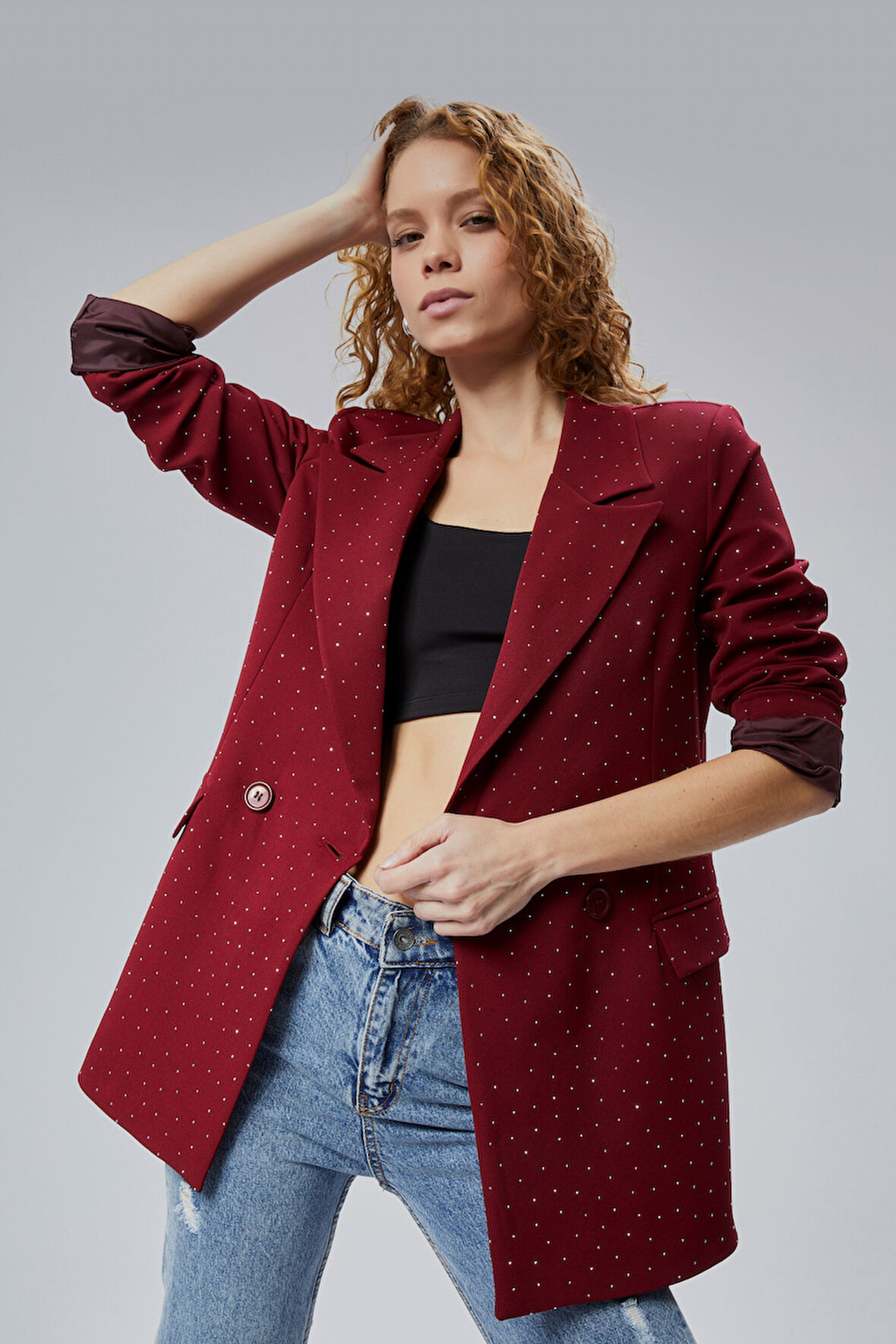 Kadın Regular Dokuma Astarlı Taş Detaylı Blazer Ceket 