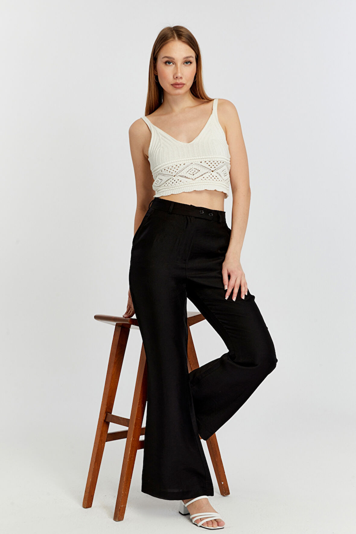 Siyah Keten İspanyol Paça Dokuma Pantolon