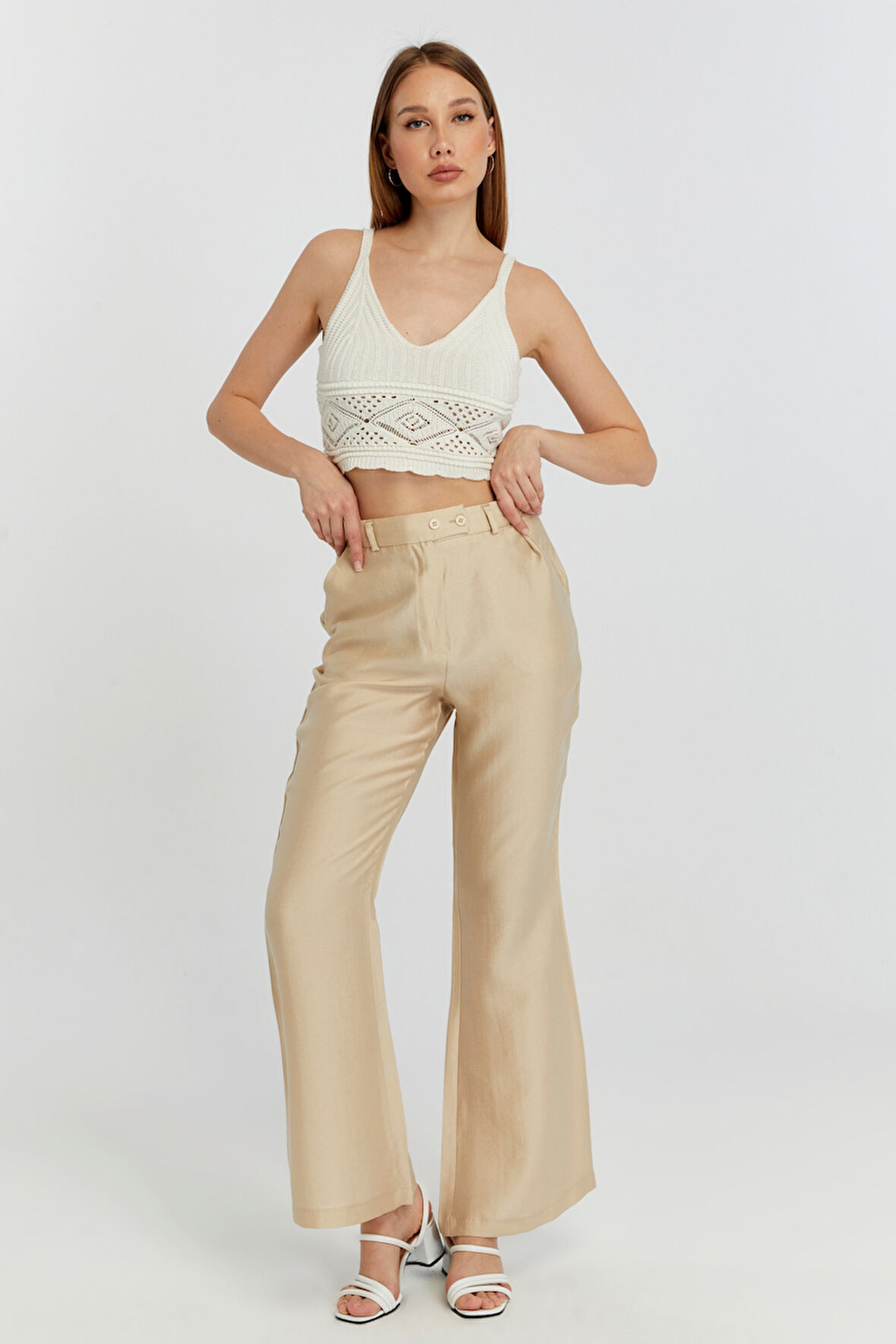 Açık Bej Keten İspanyol Paça Dokuma Pantolon