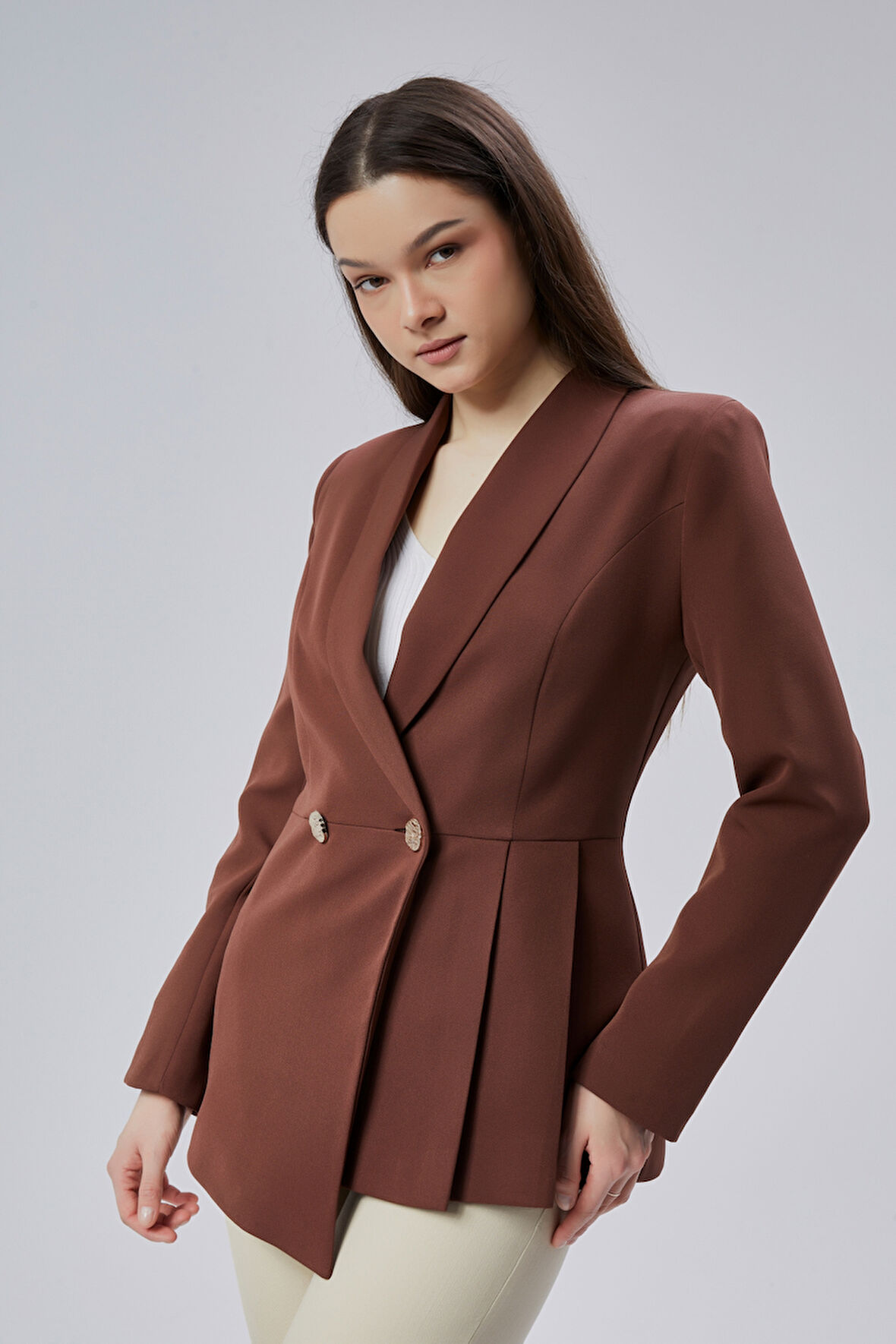 Kahverengi Regular Fit Pile Detaylı Blazer Ceket