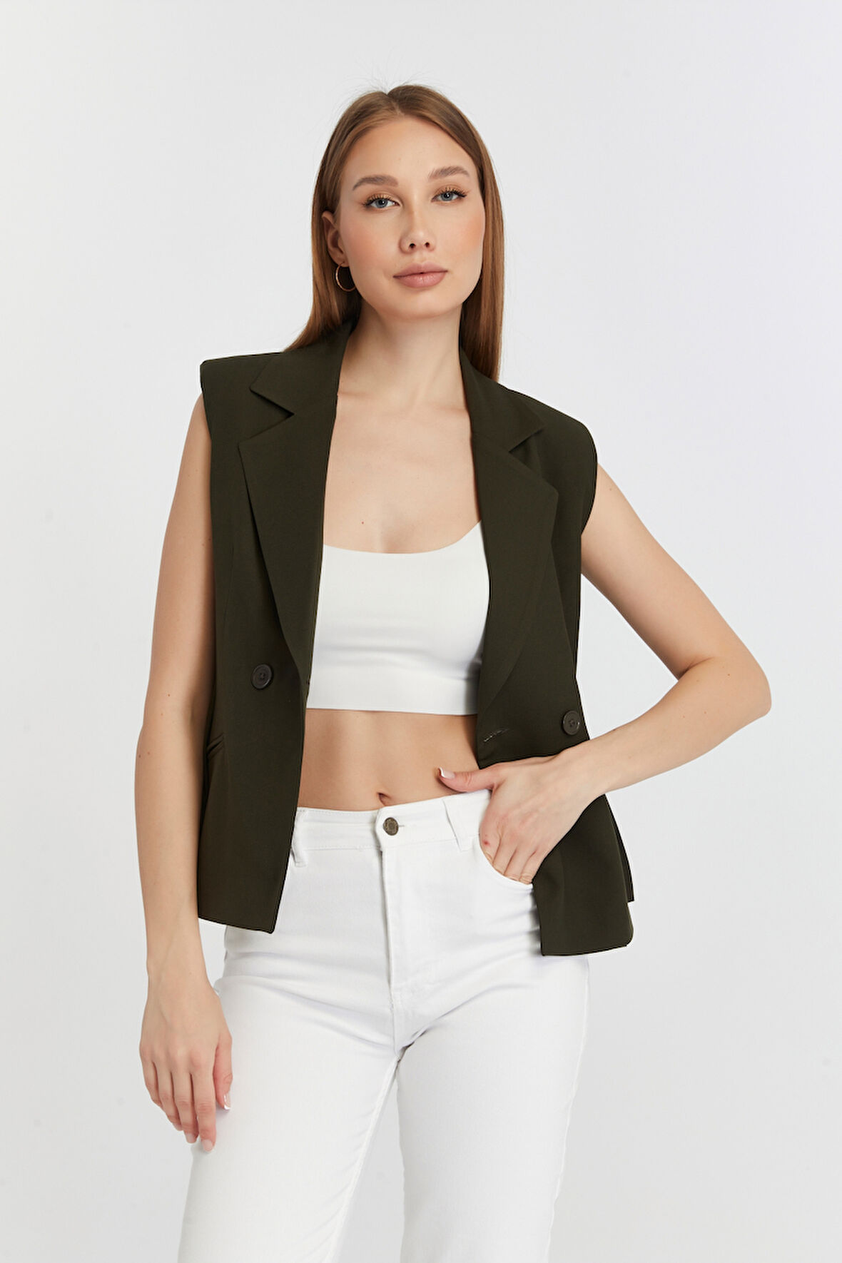 Haki Regular Fit Astarlı Dokuma Yelek