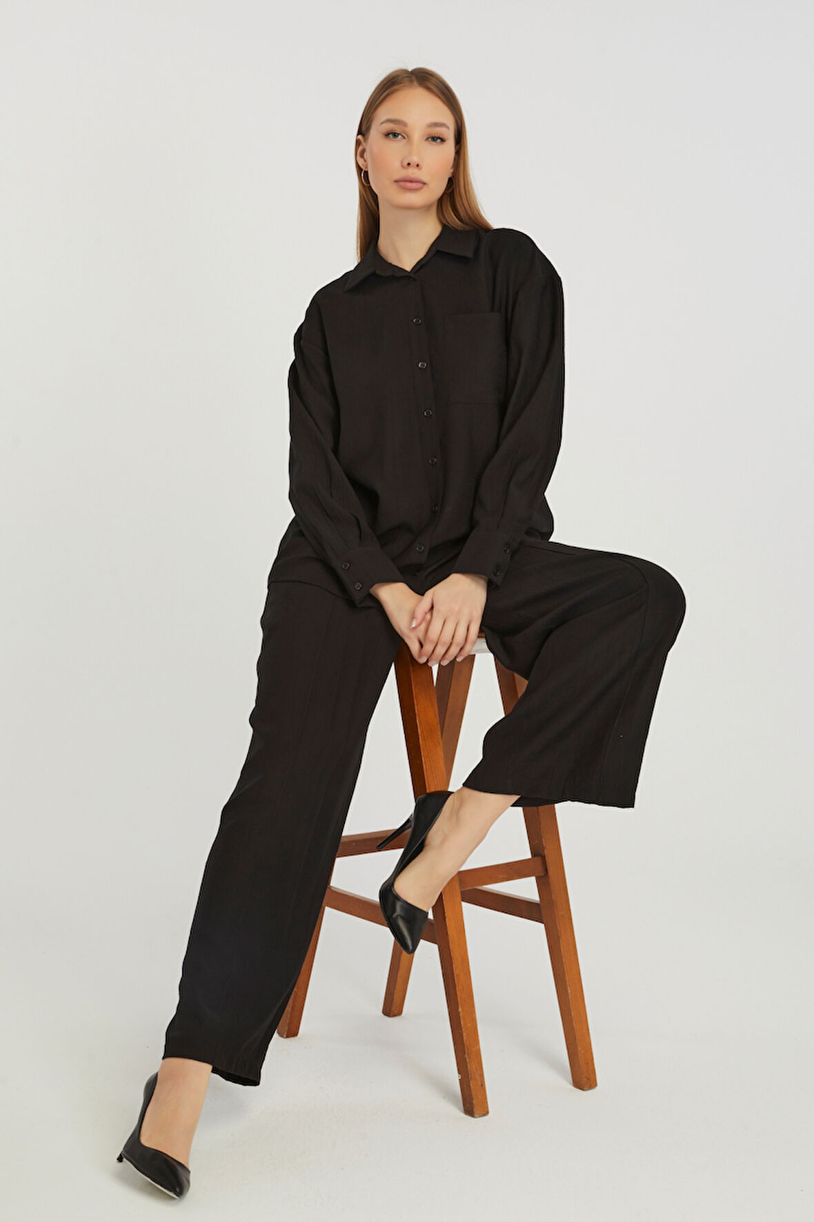 Kadın Siyah Casual Oversize/Geniş Kalıp Gömlek 