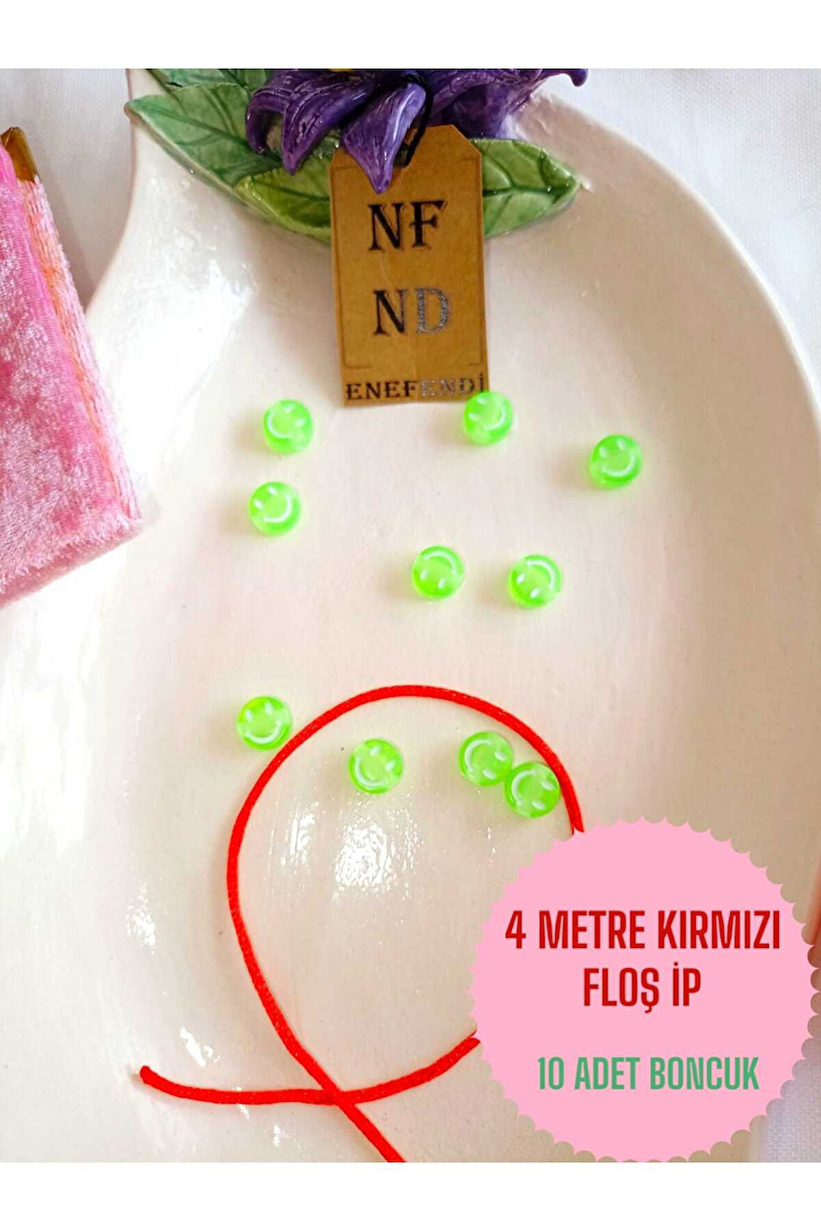 4 METRE KIRMIZI FLOŞ İP VE 10 ADET GÜLEN YÜZ YEŞİL BONCUK BİLEKLİK APARATI SERT PLASTİK HEDİYE