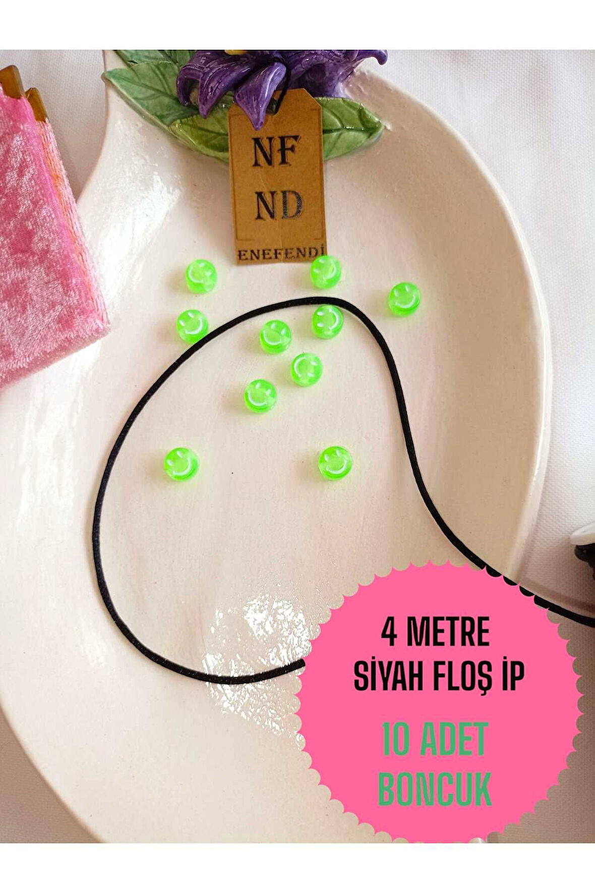 4 METRE SİYAH FLOŞ İP VE 10 ADET GÜLEN YÜZ YEŞİL BONCUK BİLEKLİK APARATI SERT PLASTİK HEDİYE