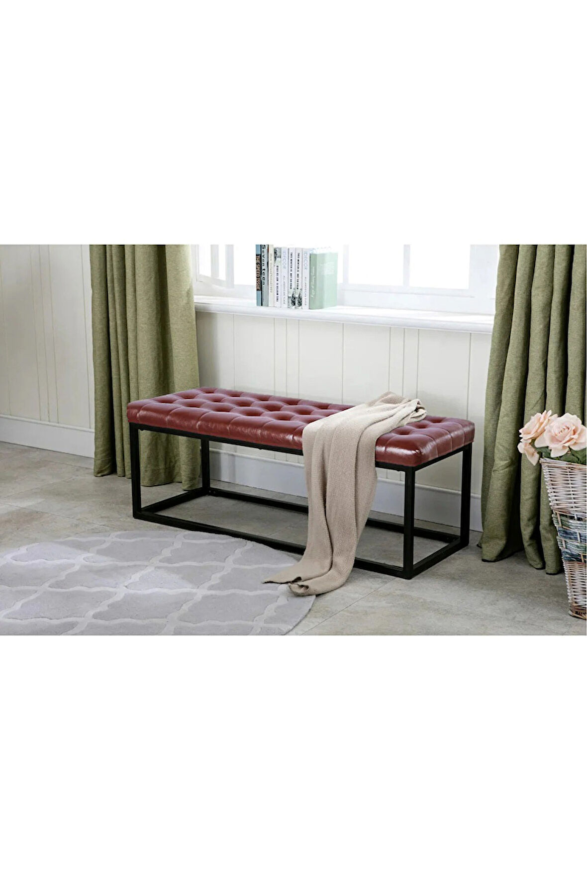 CHESTER Deri Metal Ayak Dekoratif Yatak Ucu Oturma Bank Kapitone Chester Puf Bench Koridor Oturağı