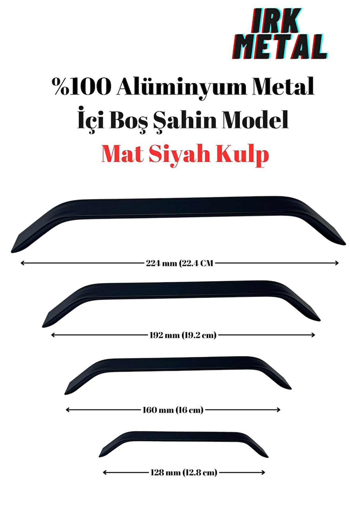 %100 Alüminyum Metal. Mobilya Mutfak Çekmece Kapak Kulbu . Şahin Model İçi Boş  Mat Siyah Kulp 224mm-Siyah